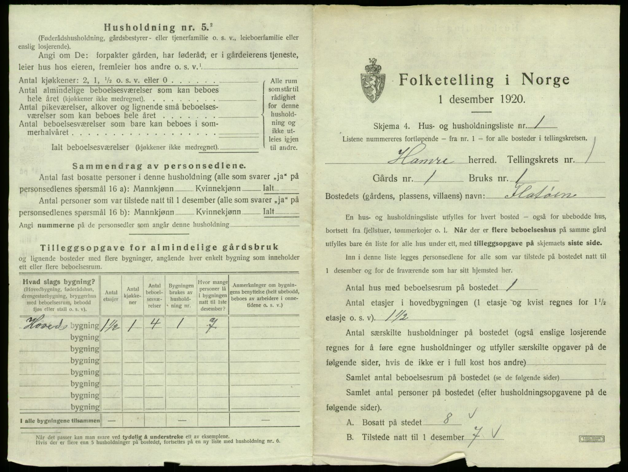 SAB, 1920 census for Hamre, 1920, p. 44