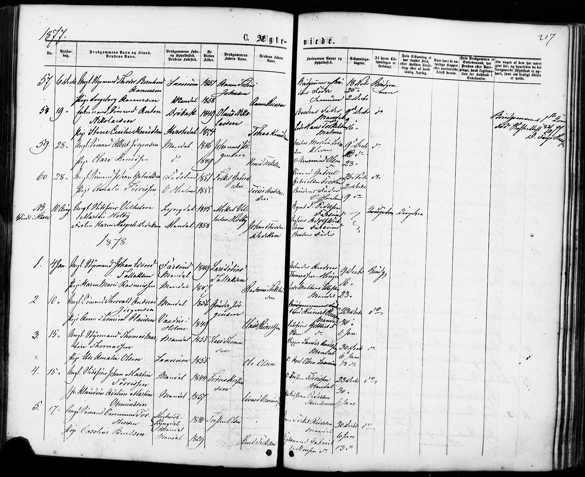 Mandal sokneprestkontor, SAK/1111-0030/F/Fa/Faa/L0015: Parish register (official) no. A 15, 1873-1879, p. 217