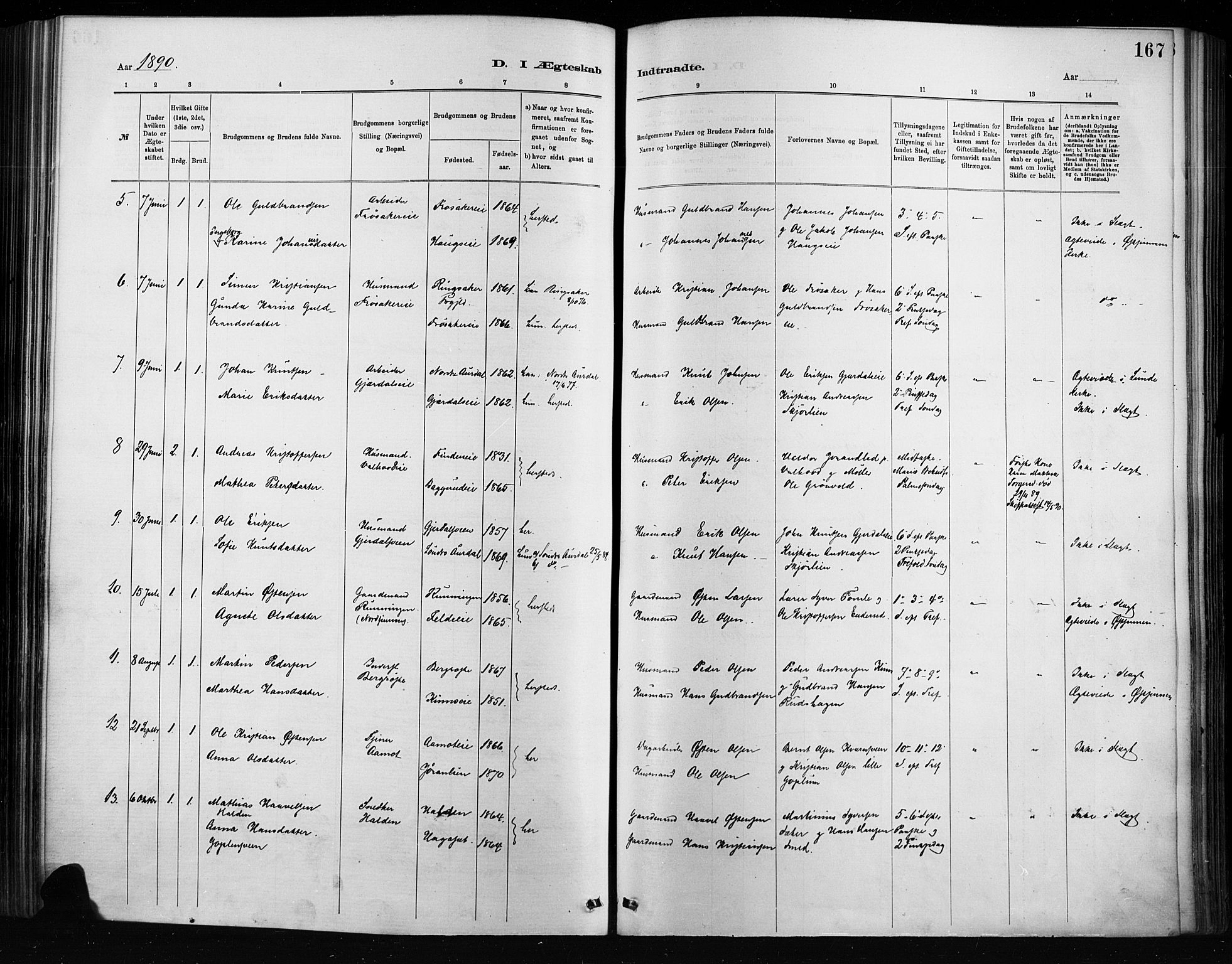 Nordre Land prestekontor, SAH/PREST-124/H/Ha/Haa/L0004: Parish register (official) no. 4, 1882-1896, p. 167