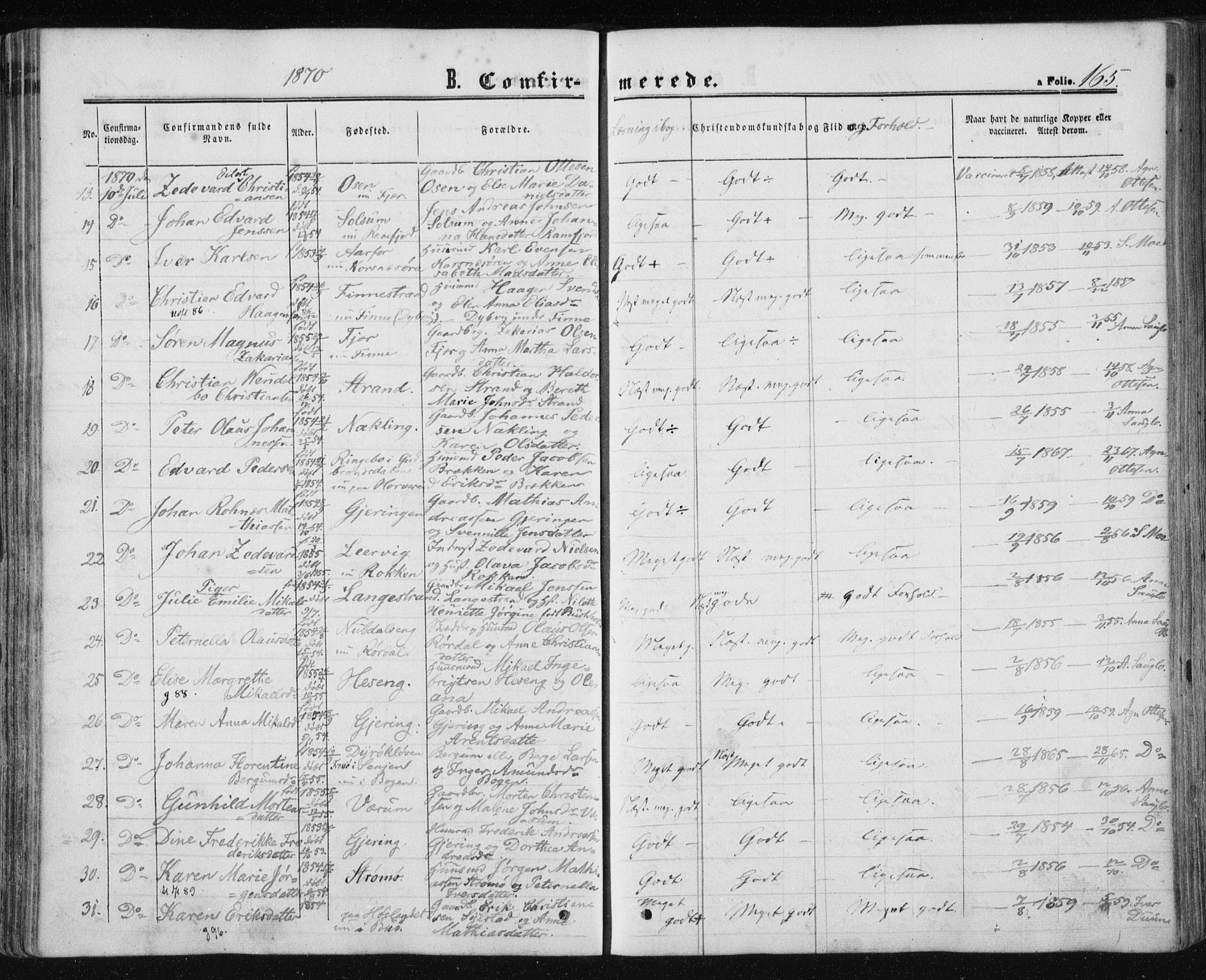 Ministerialprotokoller, klokkerbøker og fødselsregistre - Nord-Trøndelag, AV/SAT-A-1458/780/L0641: Parish register (official) no. 780A06, 1857-1874, p. 165