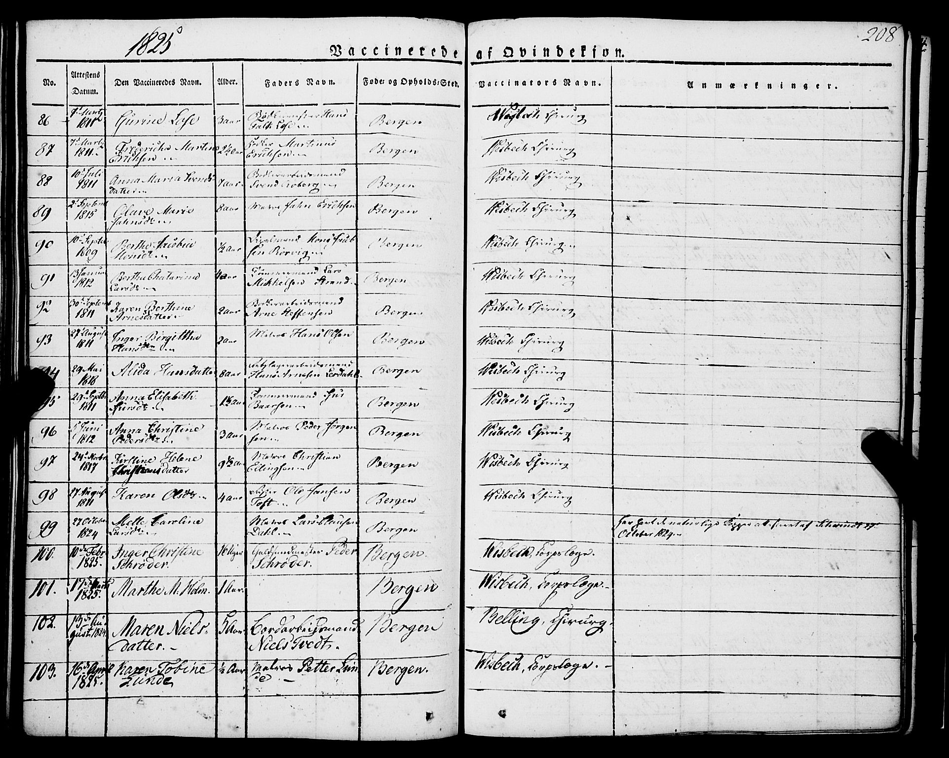 Korskirken sokneprestembete, SAB/A-76101/H/Haa/L0050: Parish register (official) no. F 1, 1821-1869, p. 208