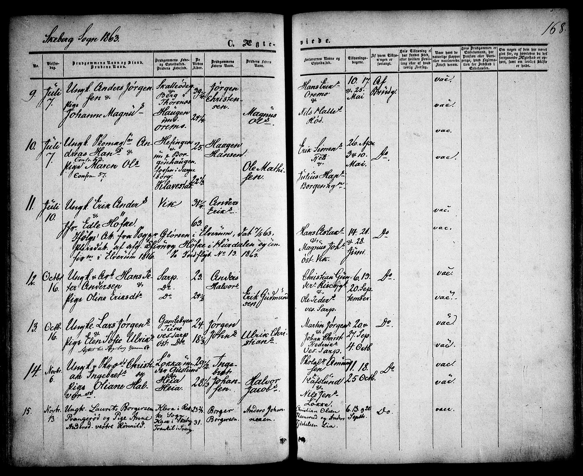 Skjeberg prestekontor Kirkebøker, AV/SAO-A-10923/F/Fa/L0007: Parish register (official) no. I 7, 1859-1868, p. 168