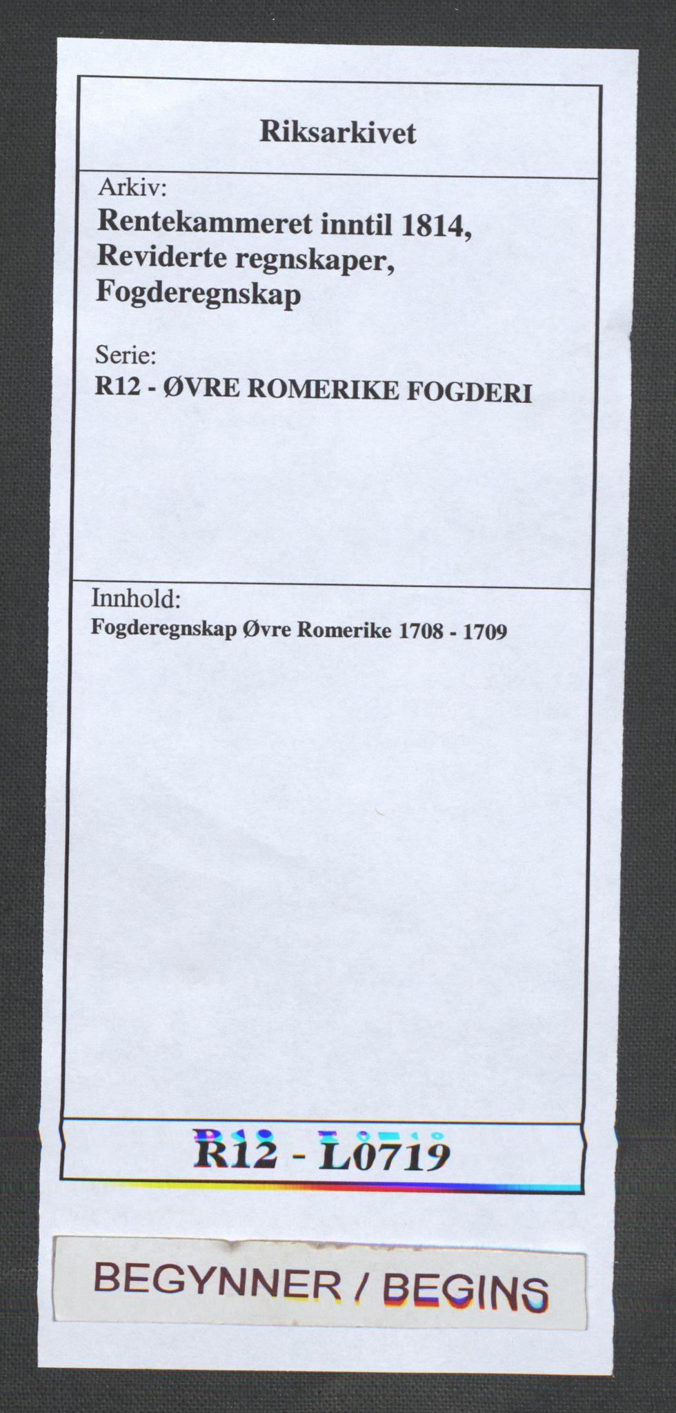 Rentekammeret inntil 1814, Reviderte regnskaper, Fogderegnskap, AV/RA-EA-4092/R12/L0719: Fogderegnskap Øvre Romerike, 1708-1709, p. 1