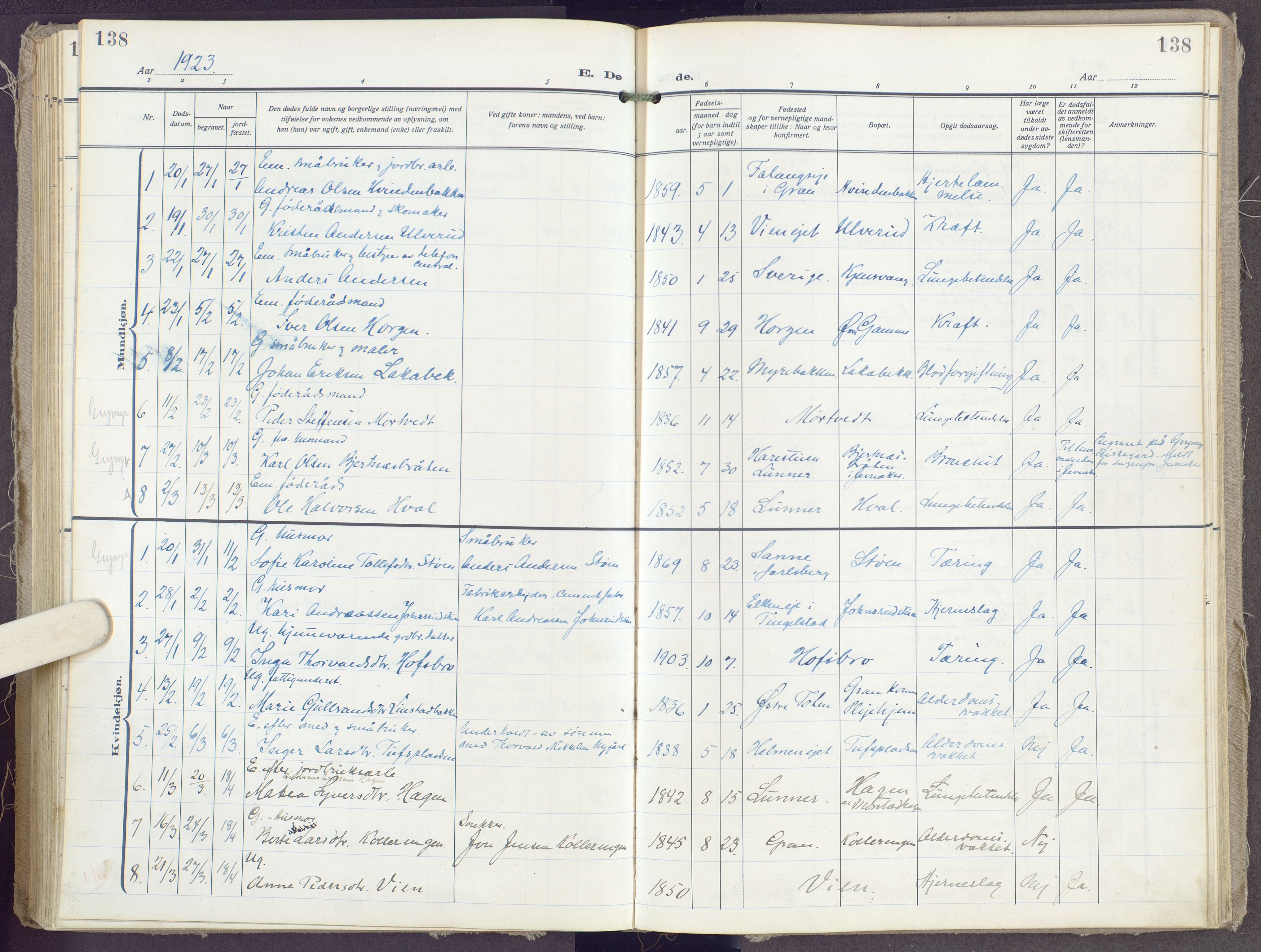 Gran prestekontor, SAH/PREST-112/H/Ha/Haa/L0023: Parish register (official) no. 23, 1919-1938, p. 138