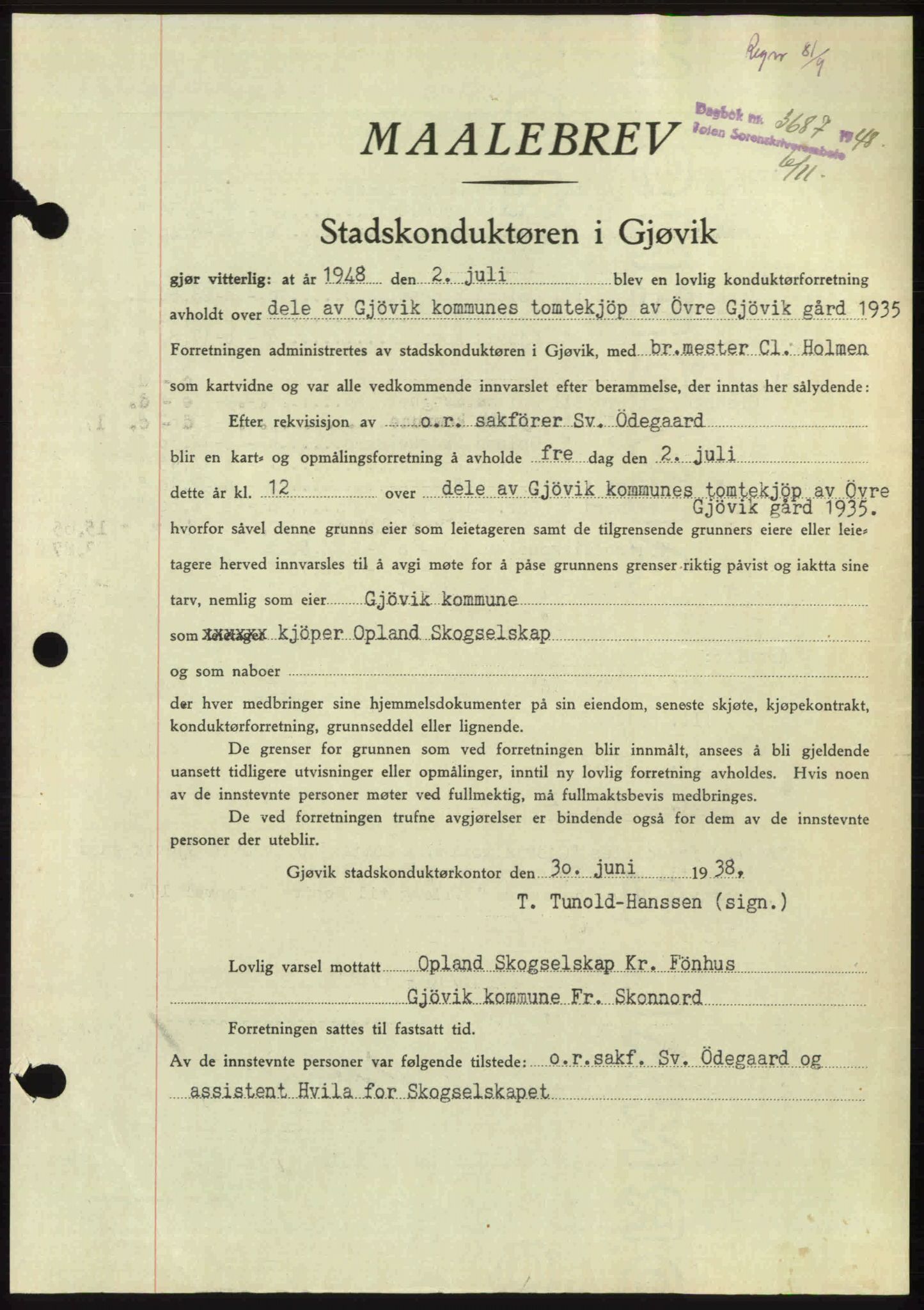 Toten tingrett, AV/SAH-TING-006/H/Hb/Hbc/L0021: Mortgage book no. Hbc-21, 1948-1949, Diary no: : 3687/1948