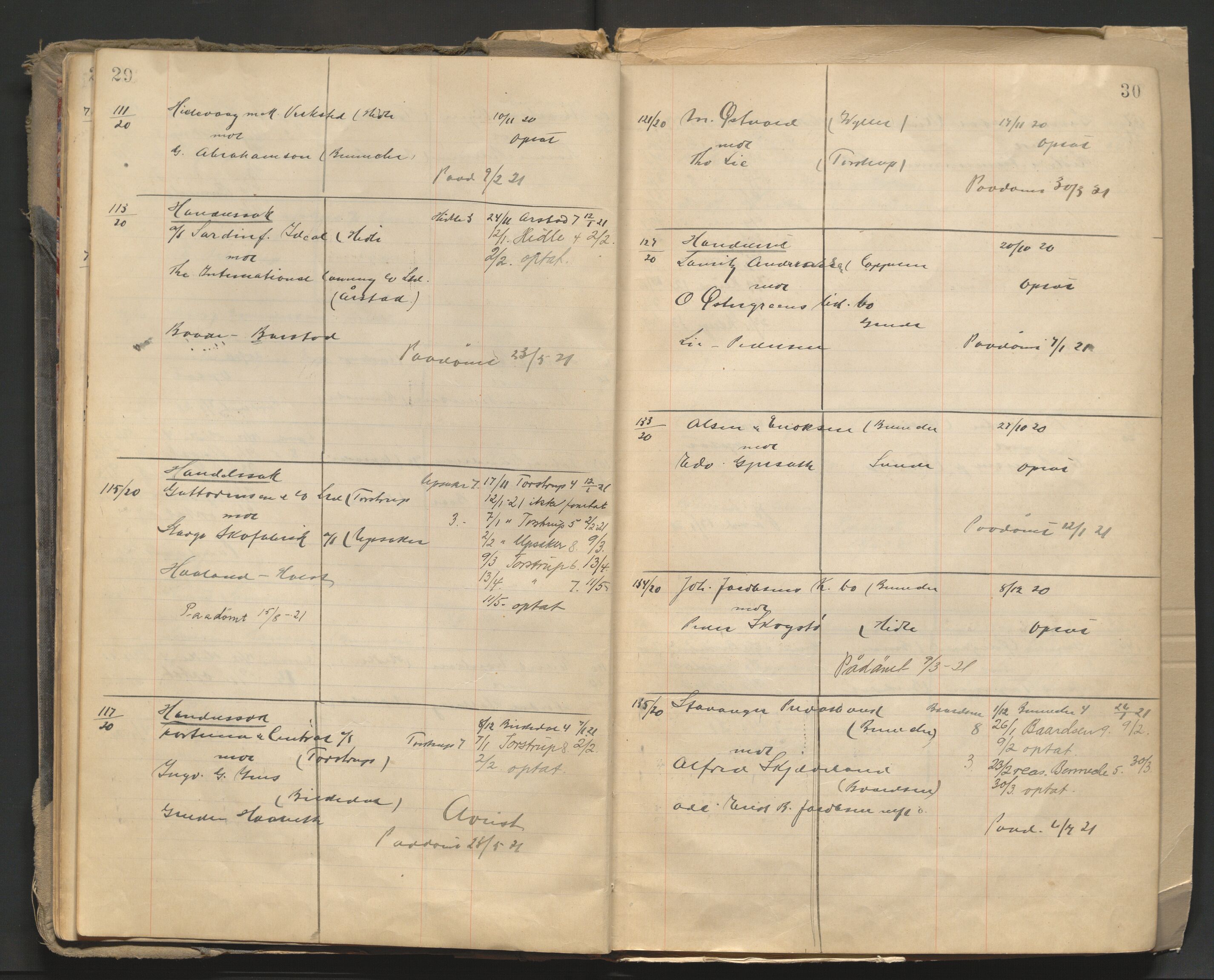 Stavanger byfogd, AV/SAST-A-101408/001/3/32/32A/L0006: Saksliste for Stavanger byting, 1912-1920, p. 29-30
