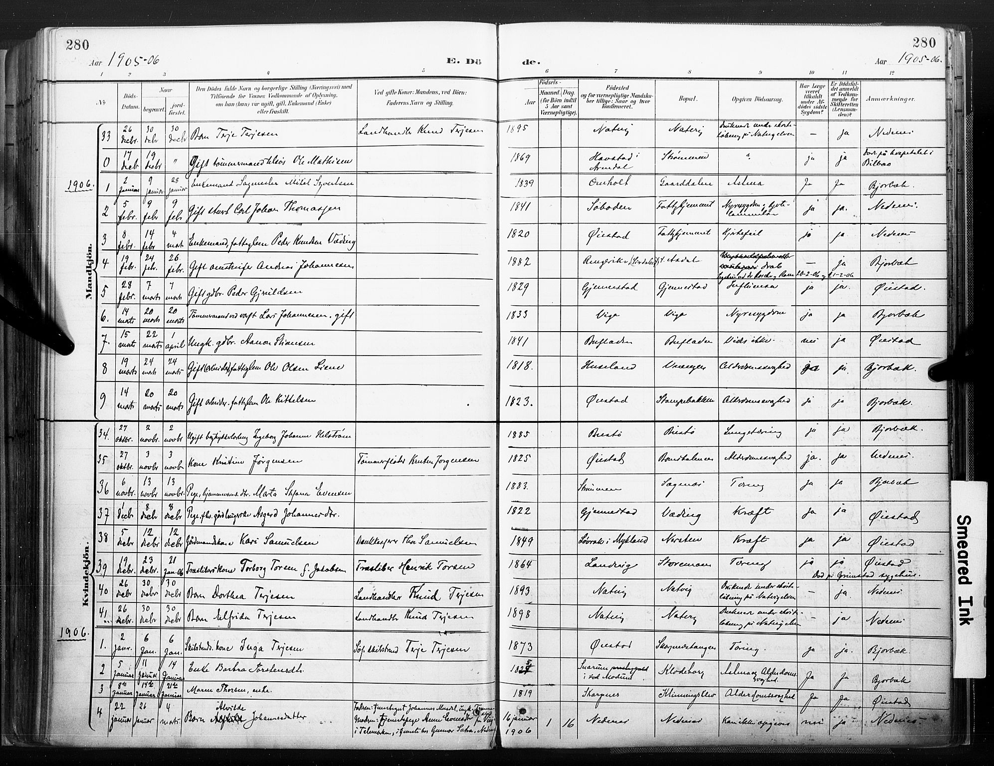 Øyestad sokneprestkontor, SAK/1111-0049/F/Fa/L0018: Parish register (official) no. A 18, 1897-1907, p. 280