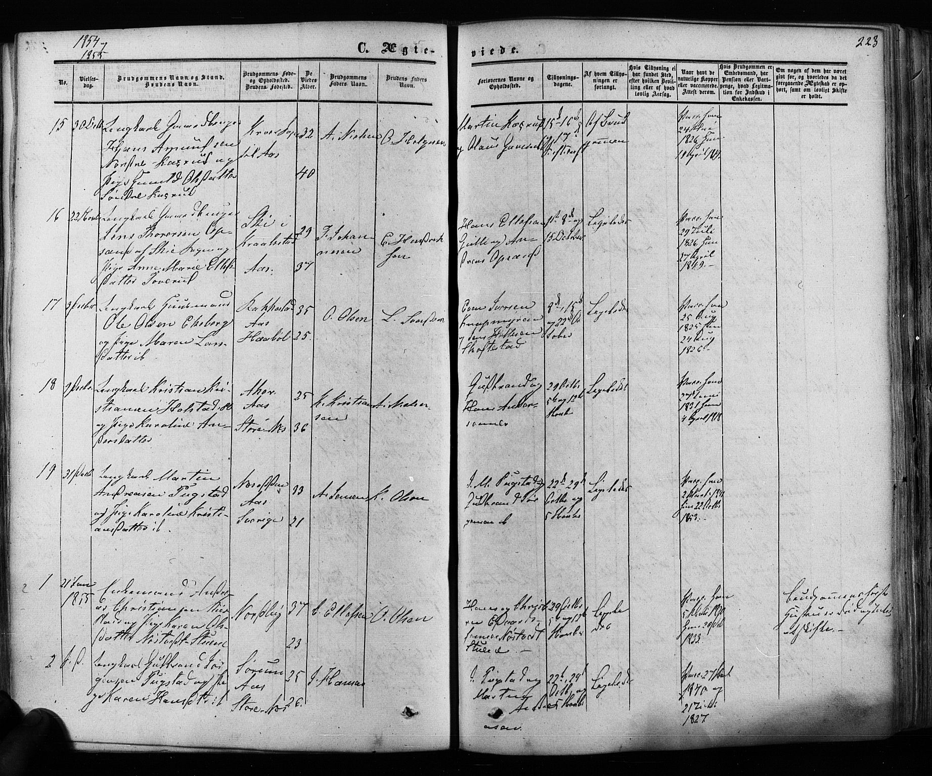 Ås prestekontor Kirkebøker, SAO/A-10894/F/Fa/L0007: Parish register (official) no. I 7, 1854-1870, p. 223