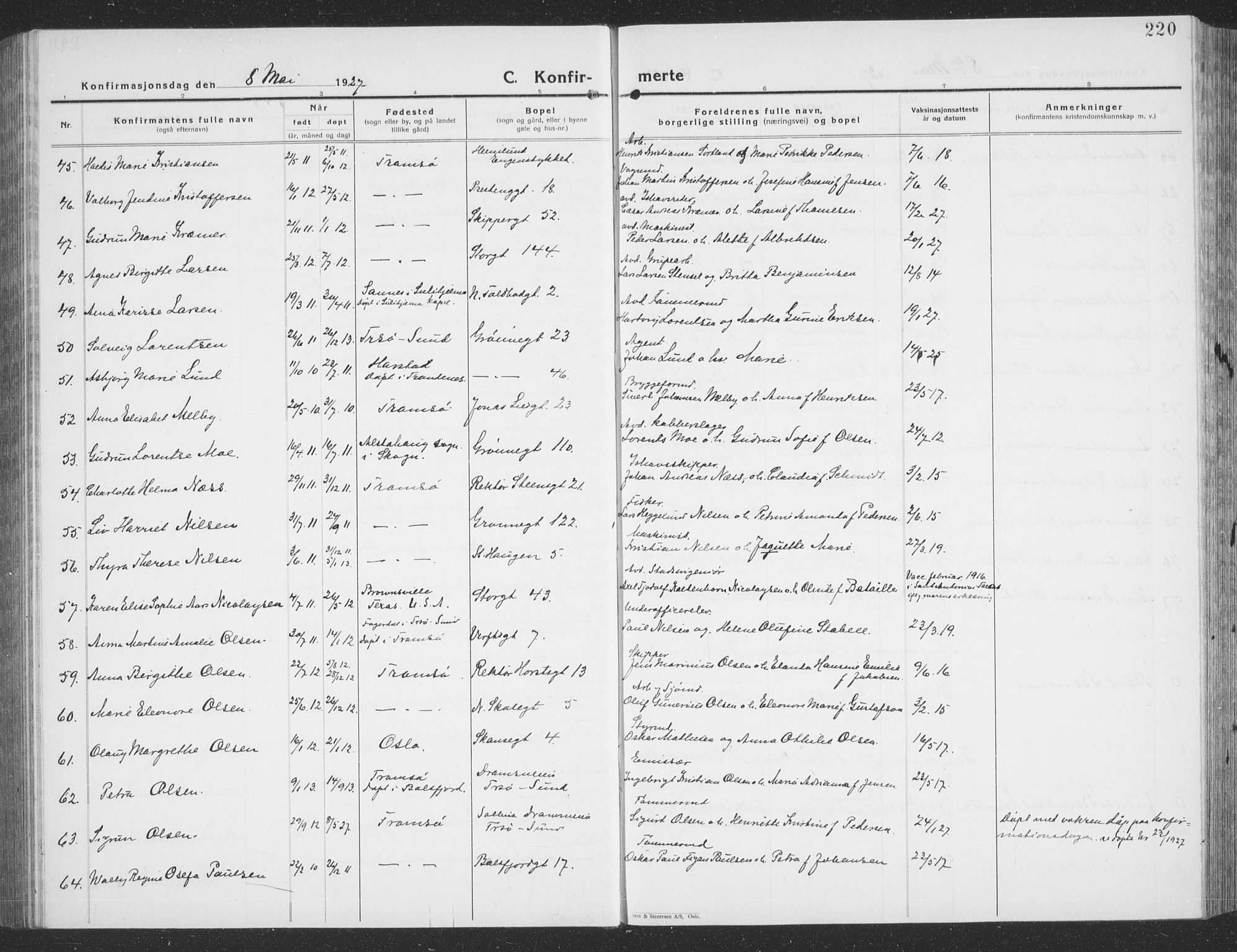 Tromsø sokneprestkontor/stiftsprosti/domprosti, AV/SATØ-S-1343/G/Gb/L0010klokker: Parish register (copy) no. 10, 1925-1937, p. 220