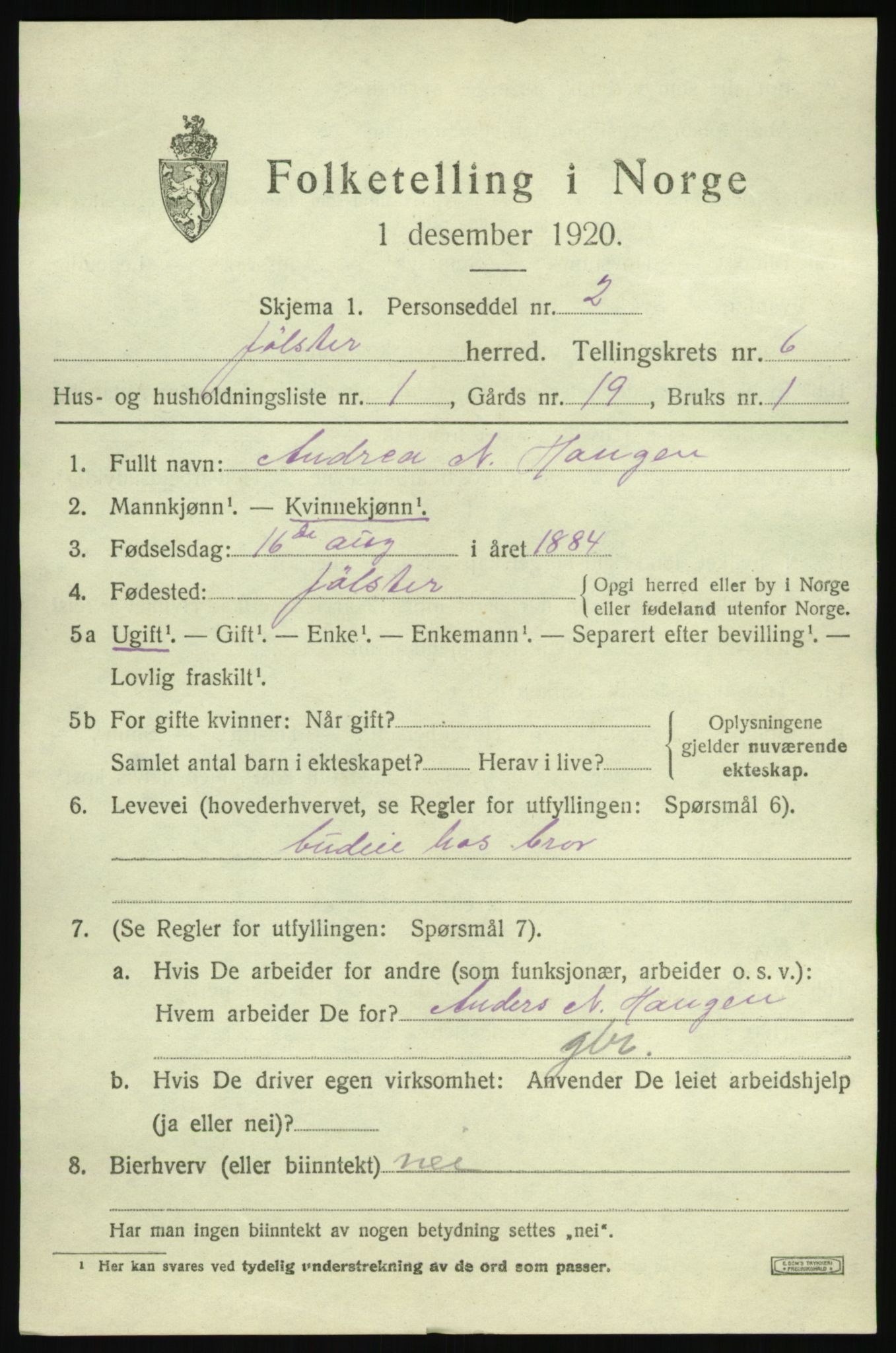 SAB, 1920 census for Jølster, 1920, p. 3288