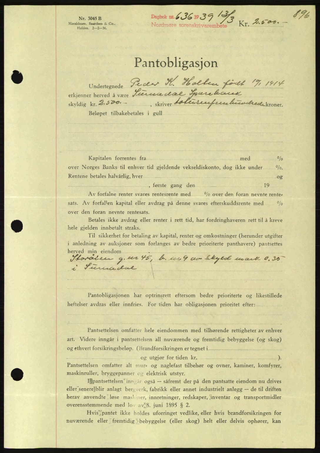 Nordmøre sorenskriveri, SAT/A-4132/1/2/2Ca: Mortgage book no. B84, 1938-1939, Diary no: : 636/1939
