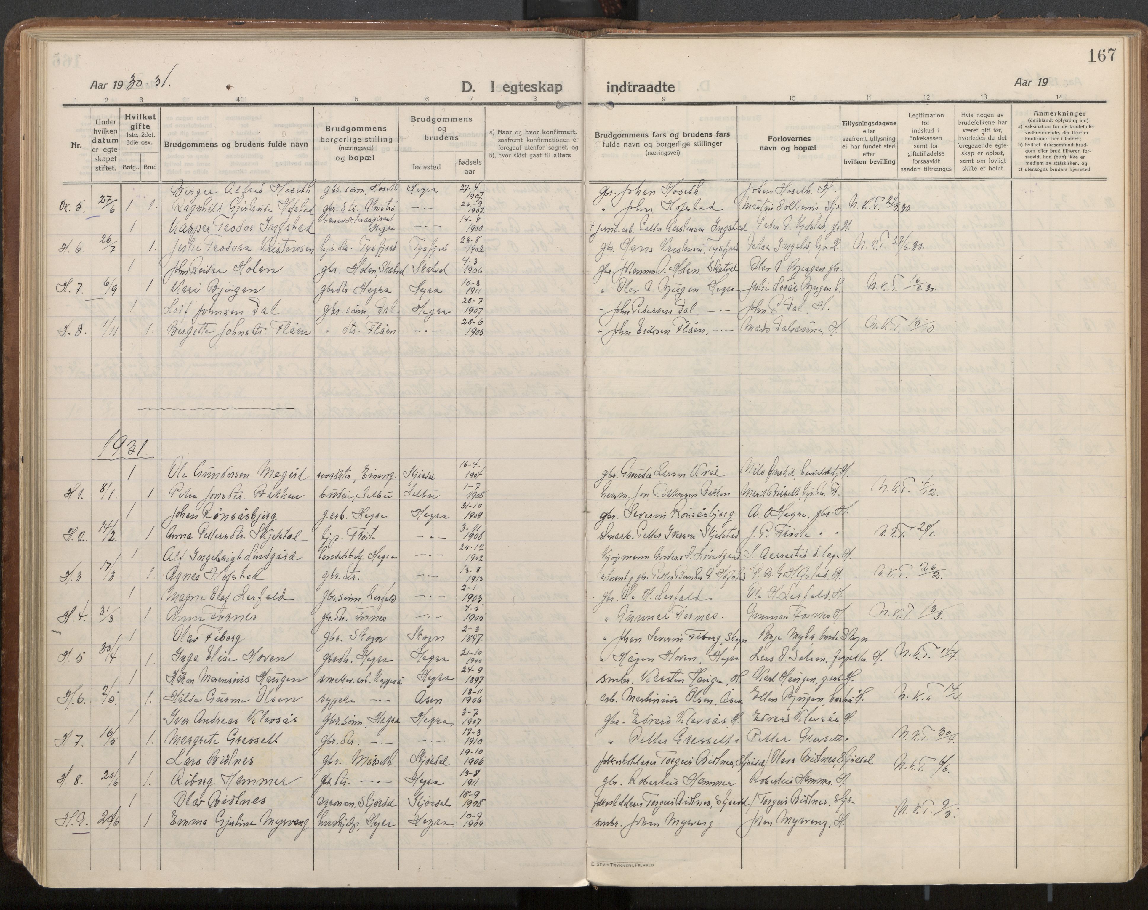 Ministerialprotokoller, klokkerbøker og fødselsregistre - Nord-Trøndelag, SAT/A-1458/703/L0037: Parish register (official) no. 703A10, 1915-1932, p. 167