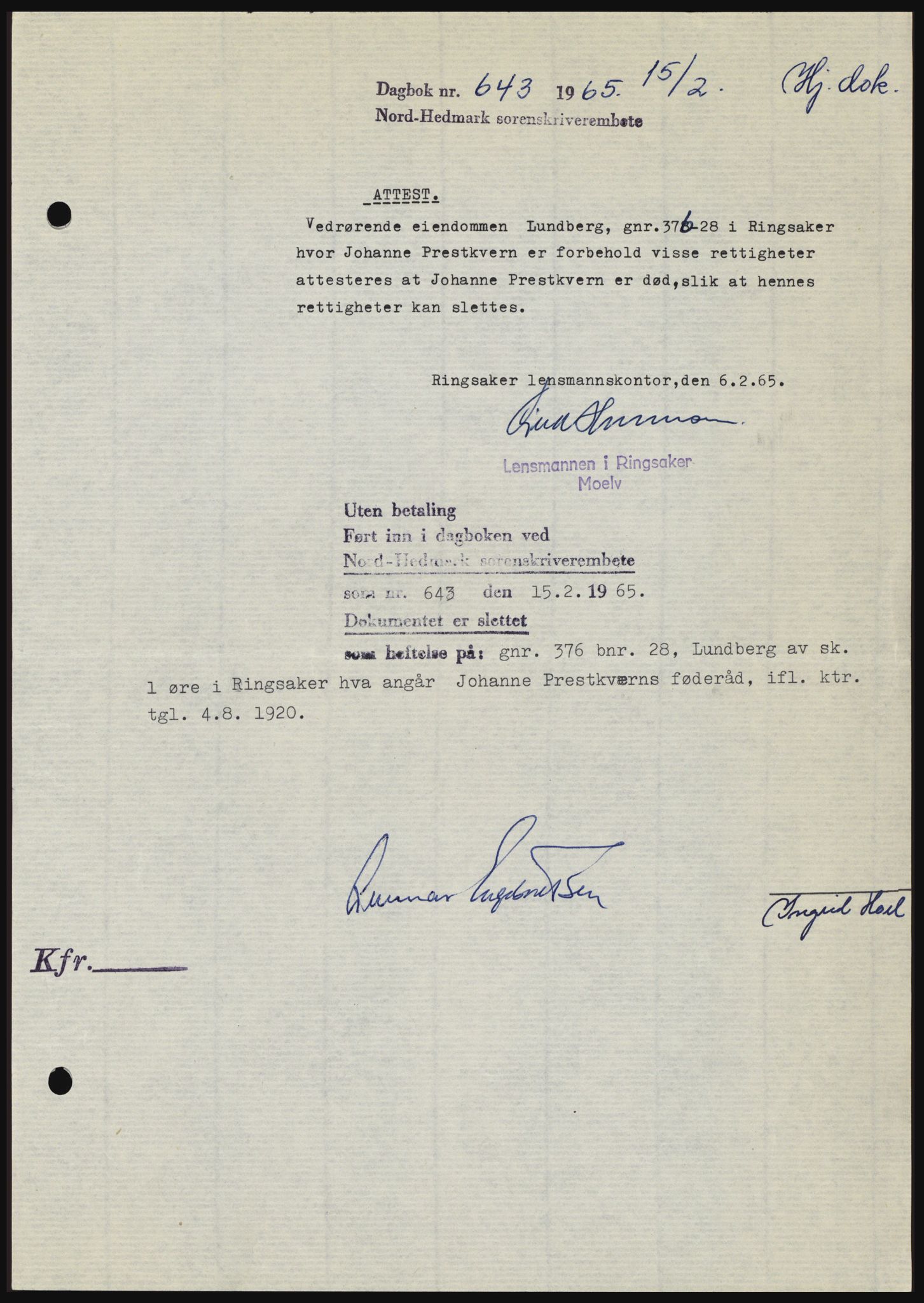 Nord-Hedmark sorenskriveri, SAH/TING-012/H/Hc/L0021: Mortgage book no. 21, 1964-1965, Diary no: : 643/1965