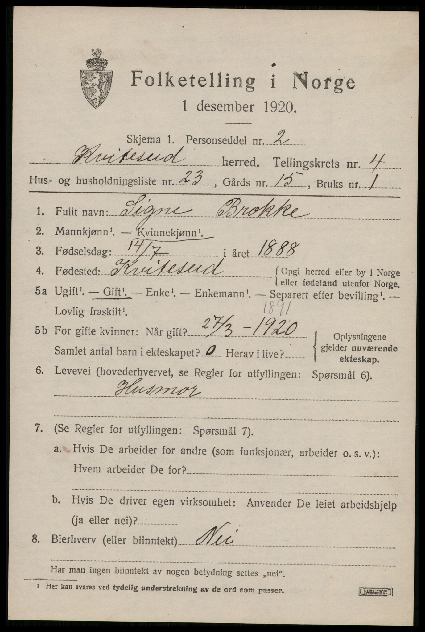 SAKO, 1920 census for Kviteseid, 1920, p. 2825