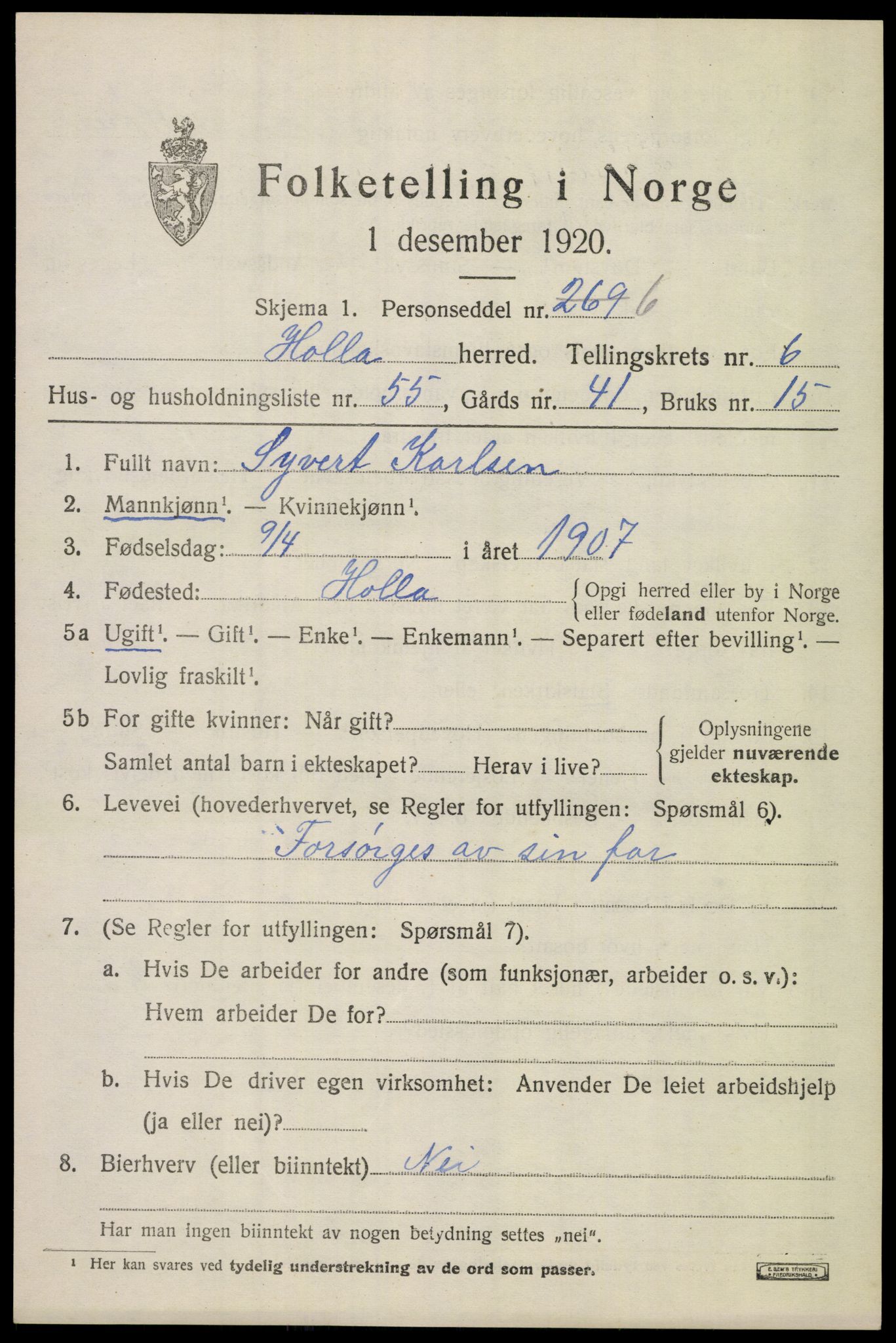 SAKO, 1920 census for Holla, 1920, p. 4907