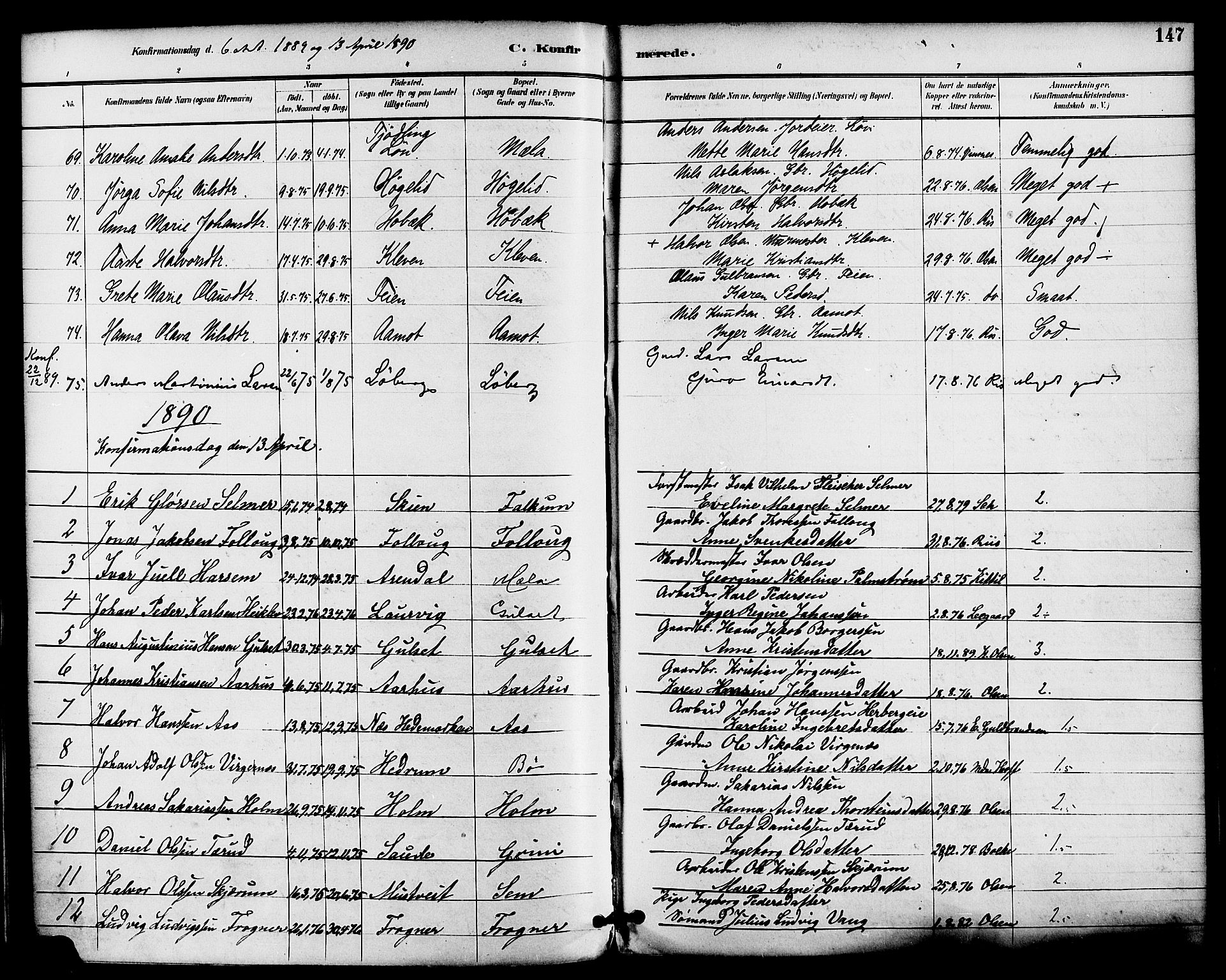Gjerpen kirkebøker, SAKO/A-265/F/Fa/L0010: Parish register (official) no. I 10, 1886-1895, p. 147
