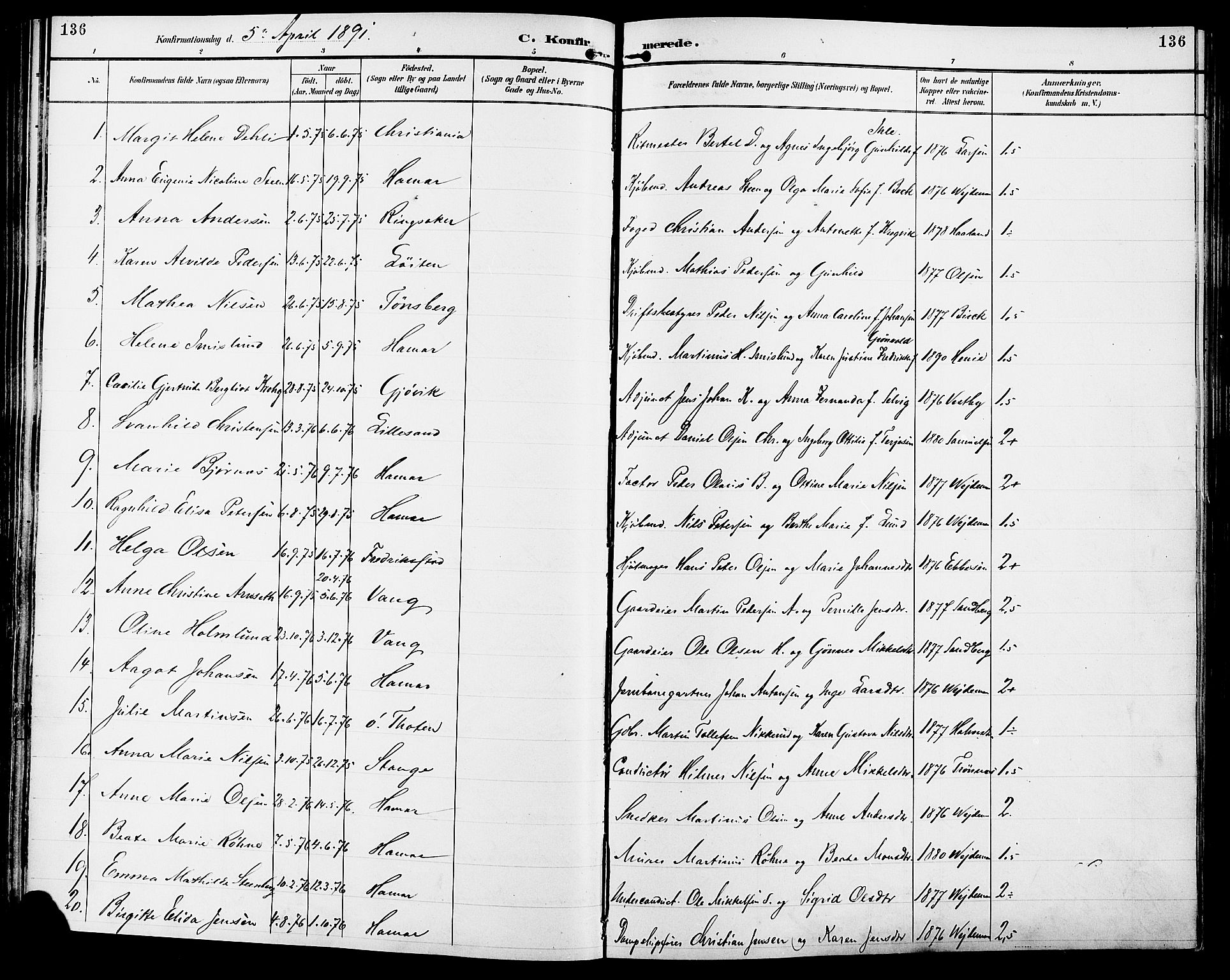 Vang prestekontor, Hedmark, AV/SAH-PREST-008/H/Ha/Haa/L0017: Parish register (official) no. 17, 1890-1899, p. 136