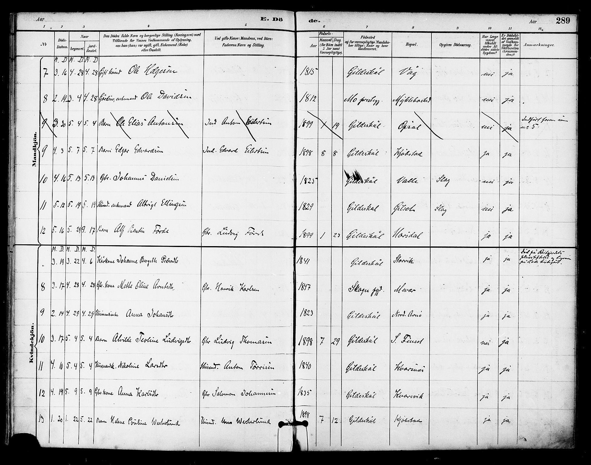 Ministerialprotokoller, klokkerbøker og fødselsregistre - Nordland, AV/SAT-A-1459/805/L0101: Parish register (official) no. 805A07, 1892-1899, p. 289