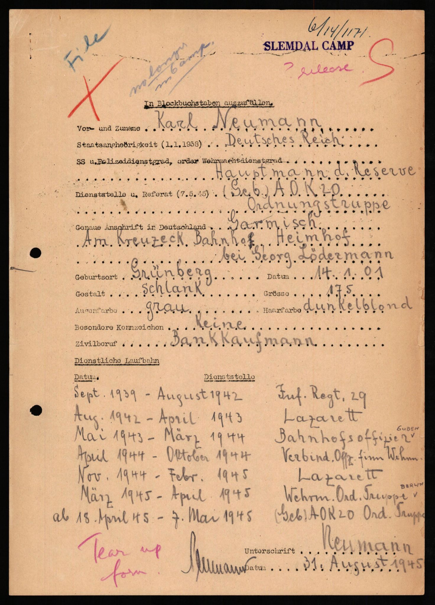 Forsvaret, Forsvarets overkommando II, AV/RA-RAFA-3915/D/Db/L0024: CI Questionaires. Tyske okkupasjonsstyrker i Norge. Tyskere., 1945-1946, p. 64