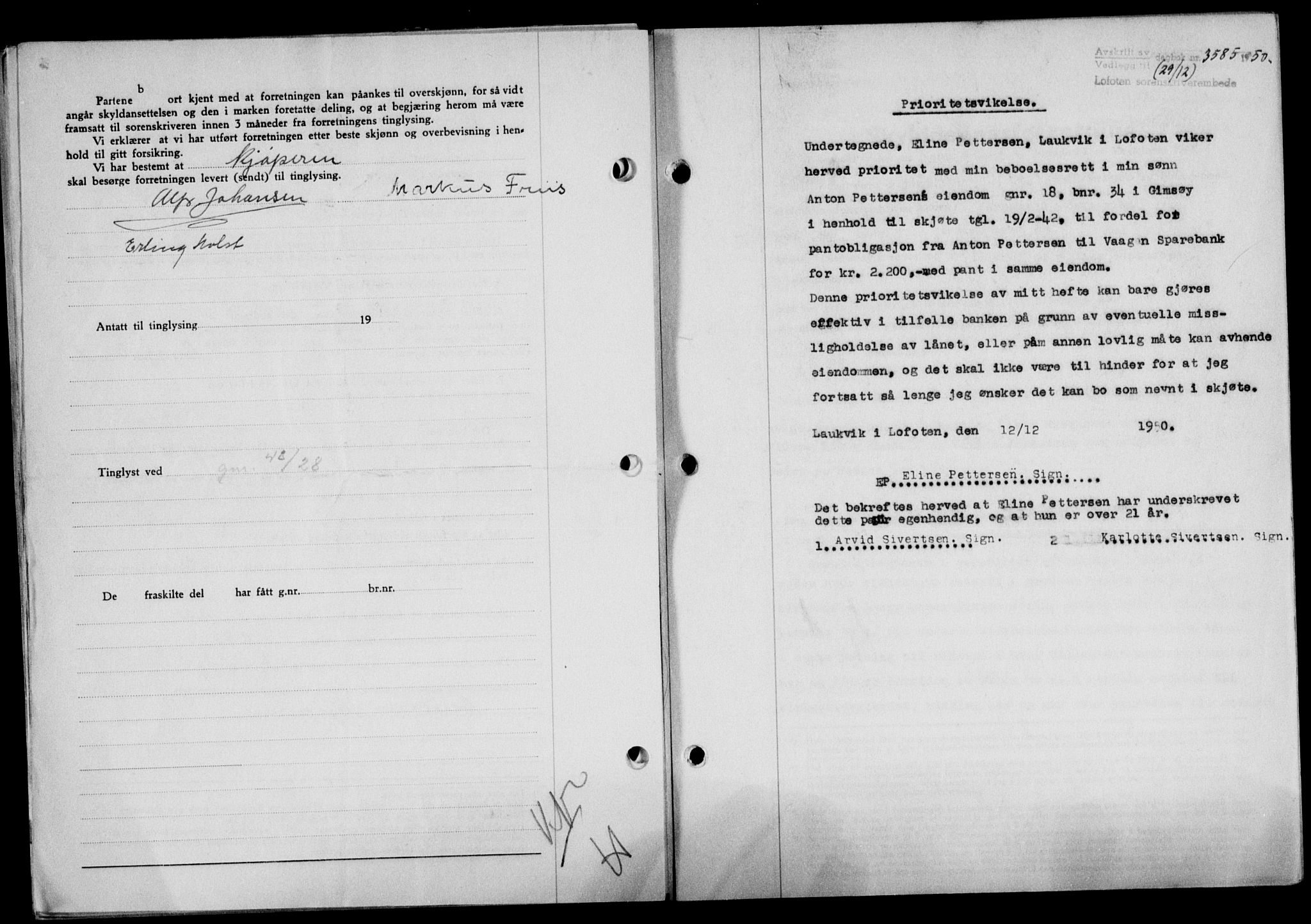 Lofoten sorenskriveri, SAT/A-0017/1/2/2C/L0025a: Mortgage book no. 25a, 1950-1951, Diary no: : 3585/1950