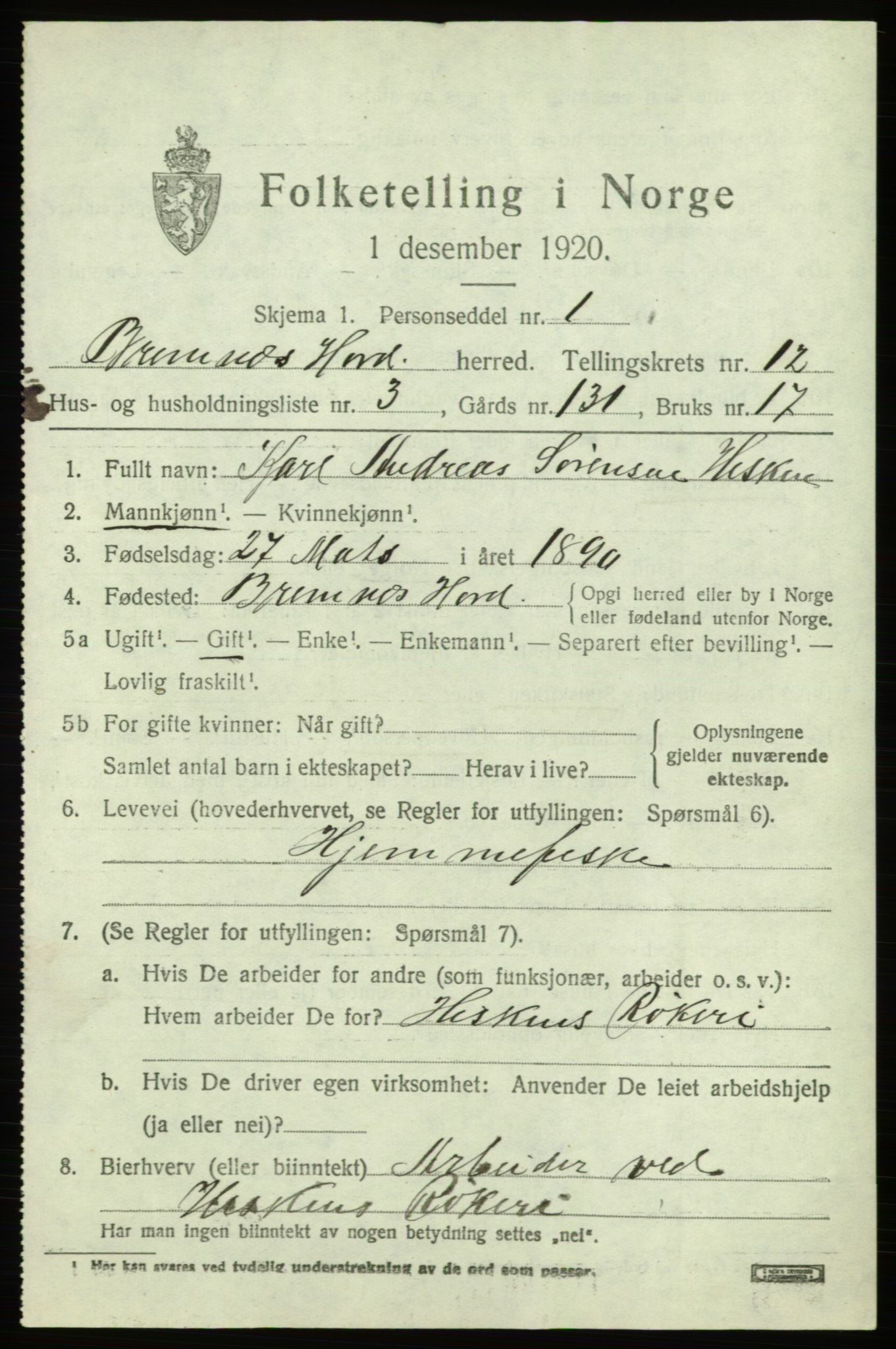 SAB, 1920 census for Bremnes, 1920, p. 7594