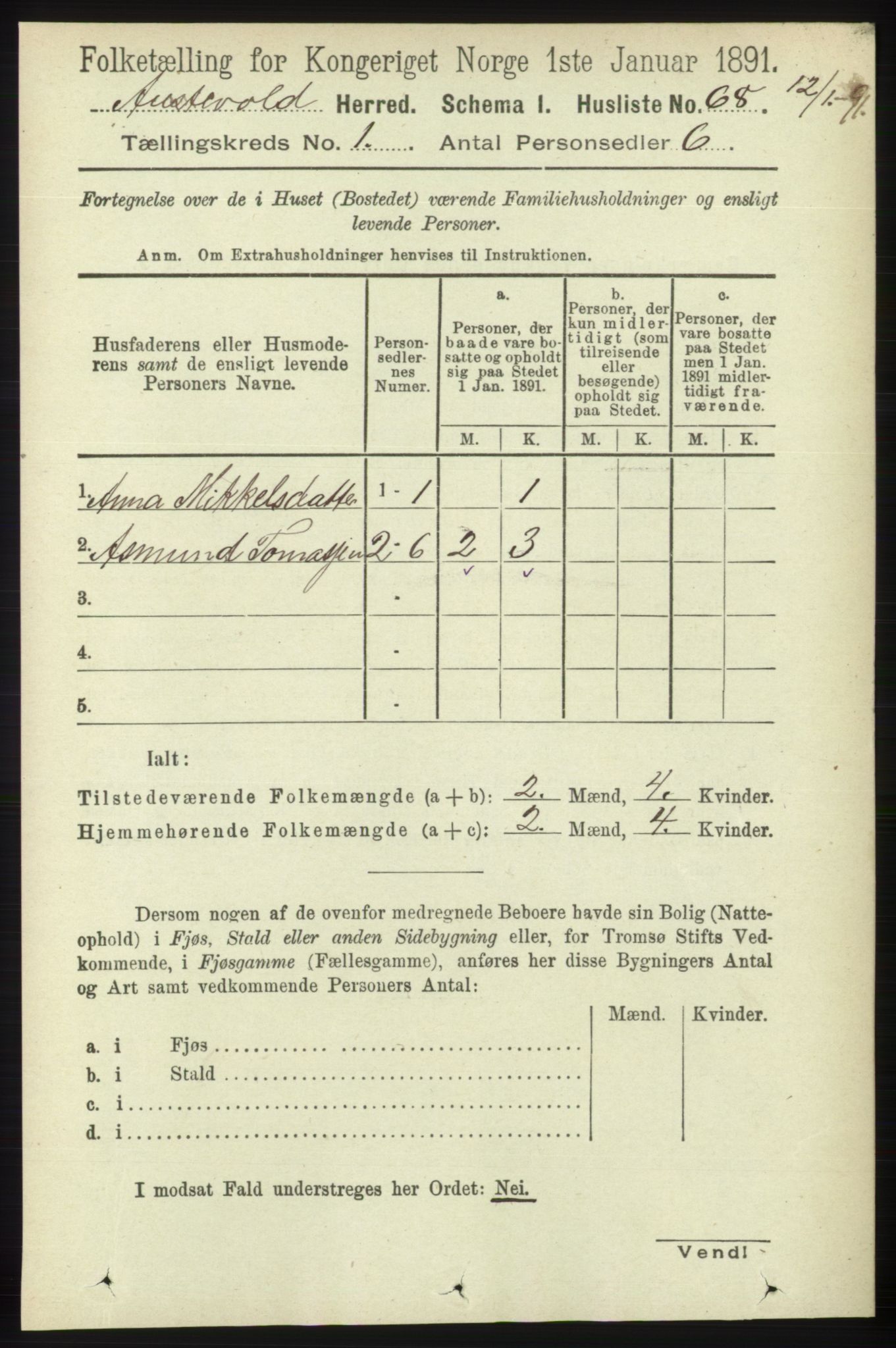 RA, 1891 census for 1244 Austevoll, 1891, p. 85