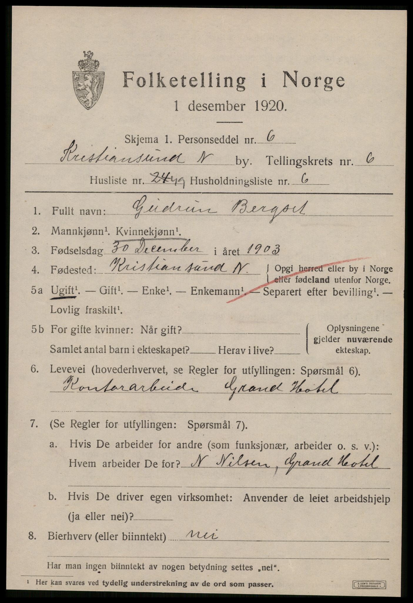 SAT, 1920 census for Kristiansund, 1920, p. 18061