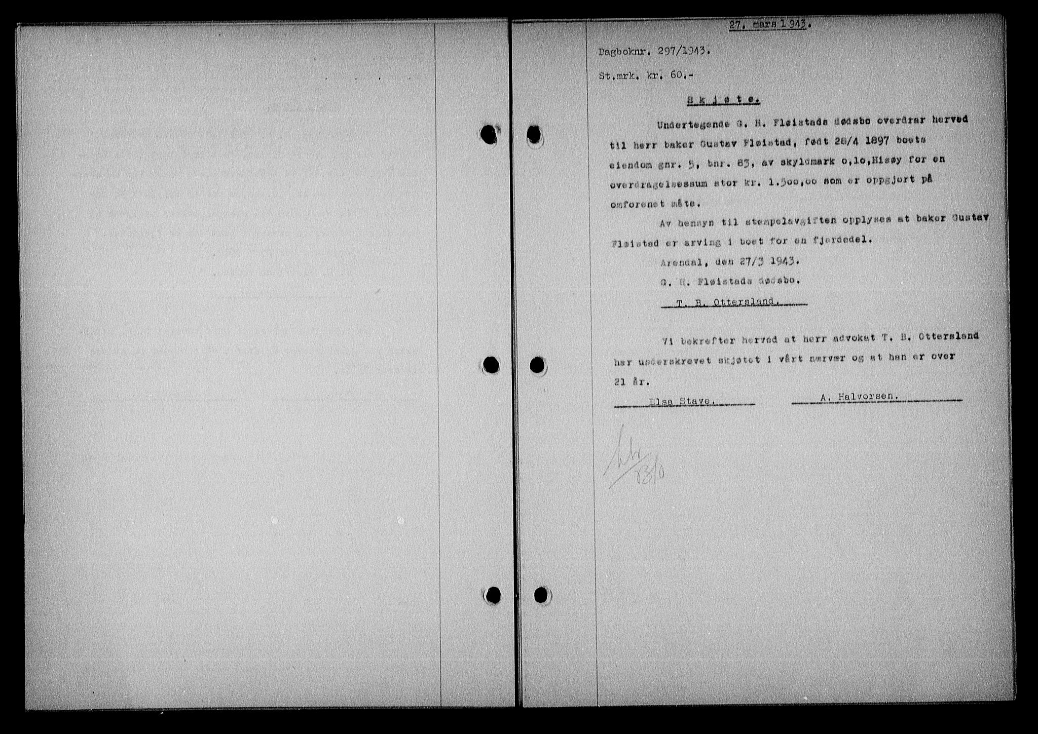 Nedenes sorenskriveri, SAK/1221-0006/G/Gb/Gba/L0050: Mortgage book no. A-IV, 1942-1943, Diary no: : 297/1943