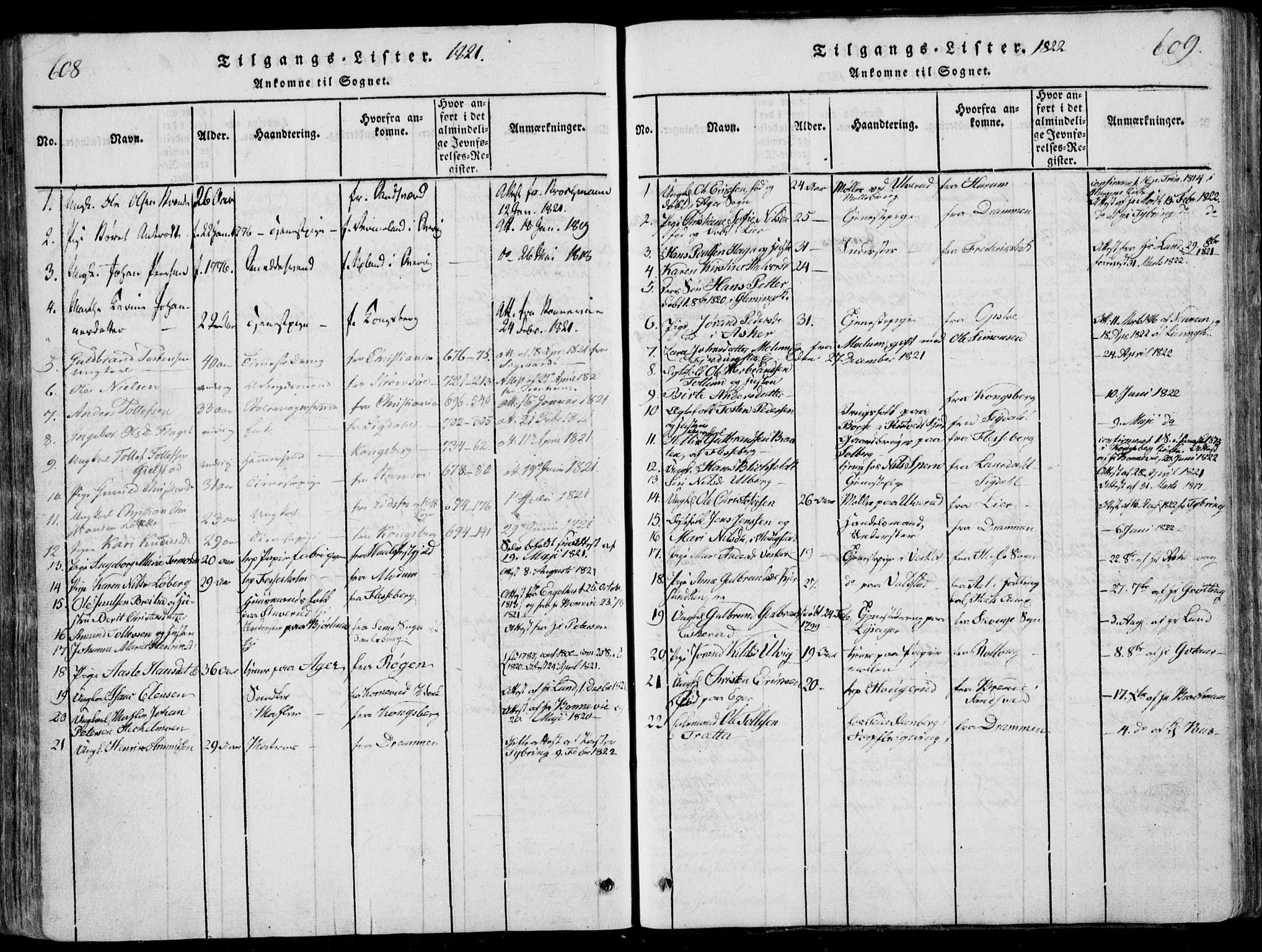 Eiker kirkebøker, AV/SAKO-A-4/F/Fa/L0011: Parish register (official) no. I 11, 1814-1827, p. 608-609