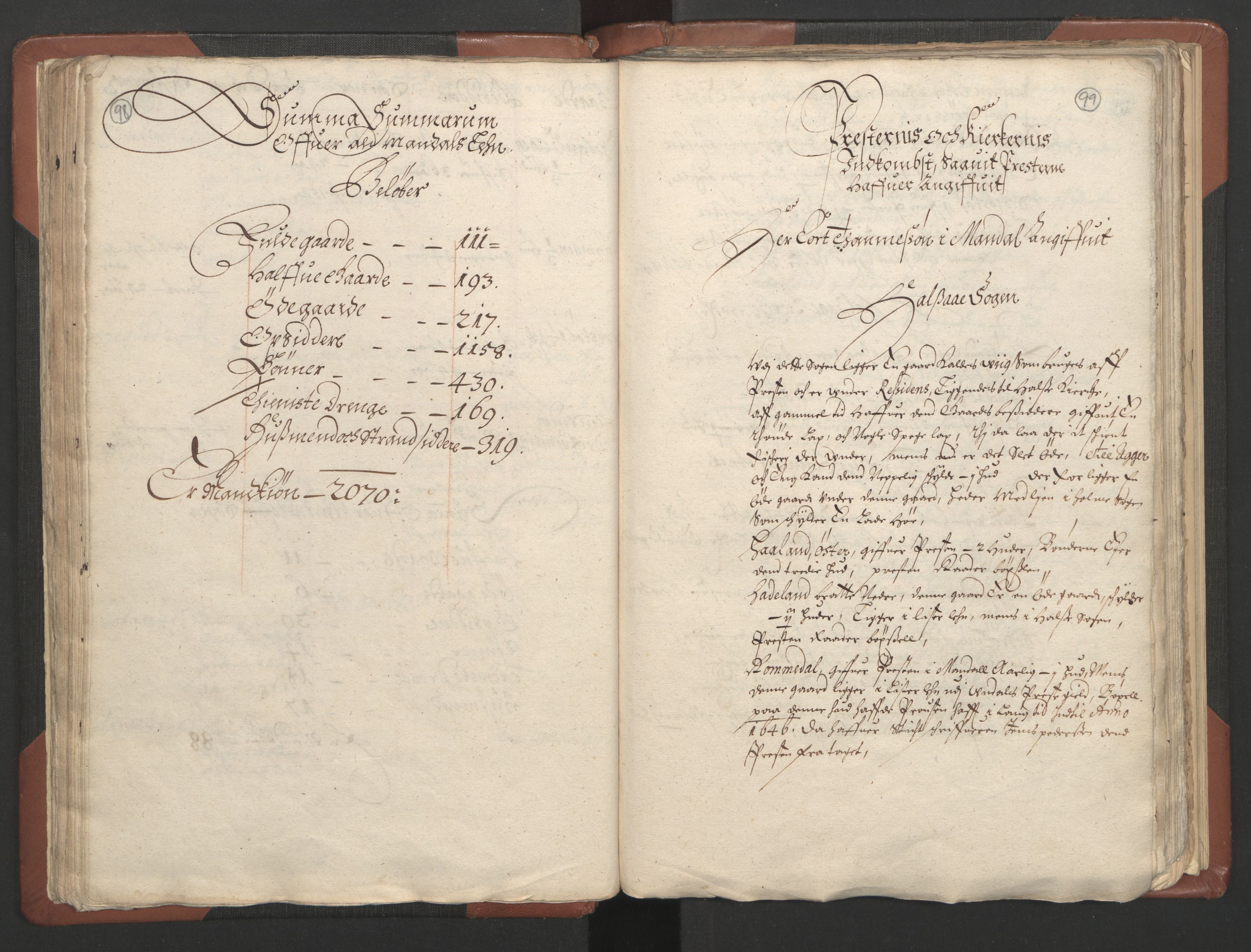 RA, Bailiff's Census 1664-1666, no. 9: Mandal len, 1664-1666, p. 98-99