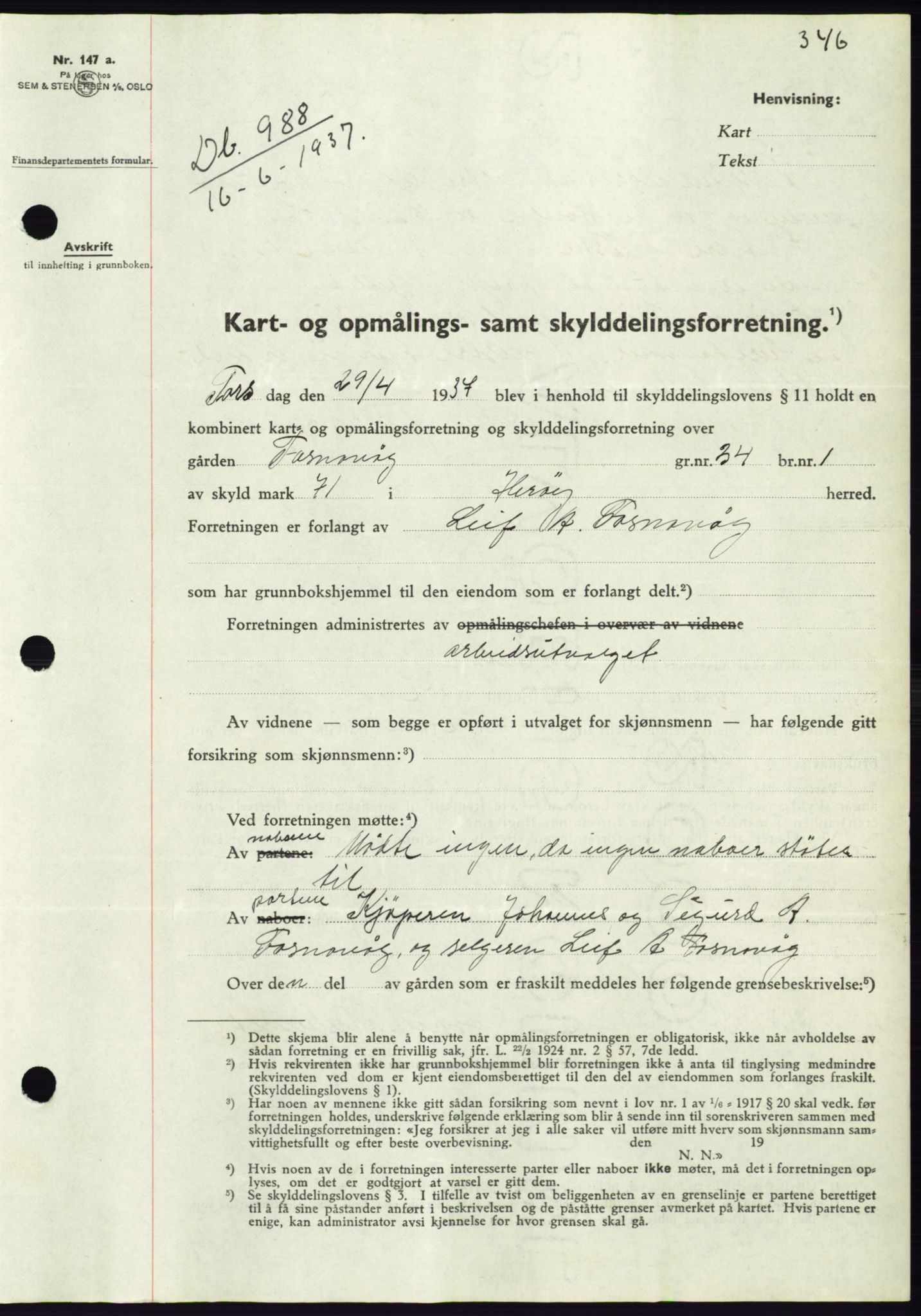 Søre Sunnmøre sorenskriveri, AV/SAT-A-4122/1/2/2C/L0063: Mortgage book no. 57, 1937-1937, Diary no: : 988/1937