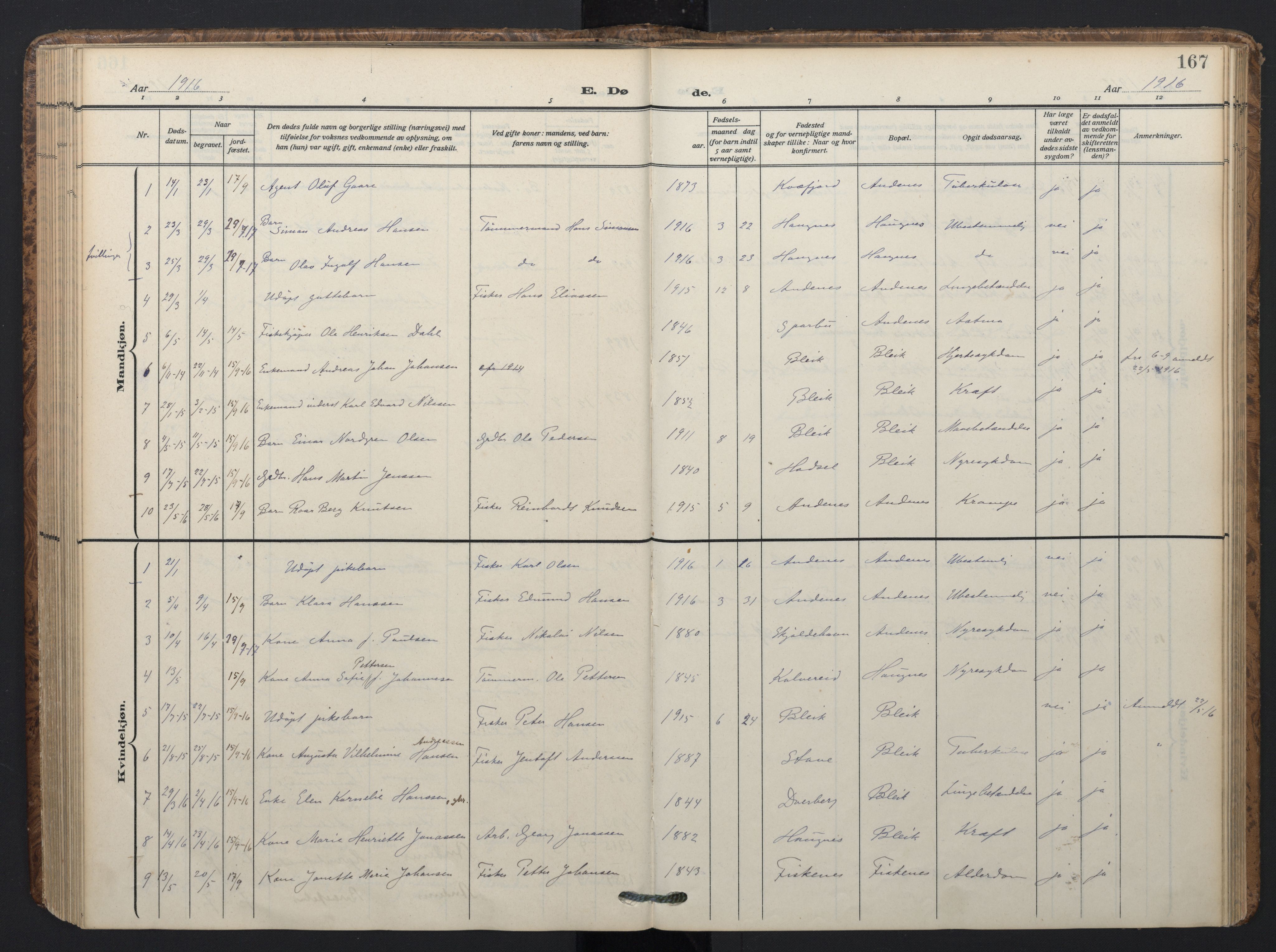 Ministerialprotokoller, klokkerbøker og fødselsregistre - Nordland, SAT/A-1459/899/L1438: Parish register (official) no. 899A06, 1909-1922, p. 167