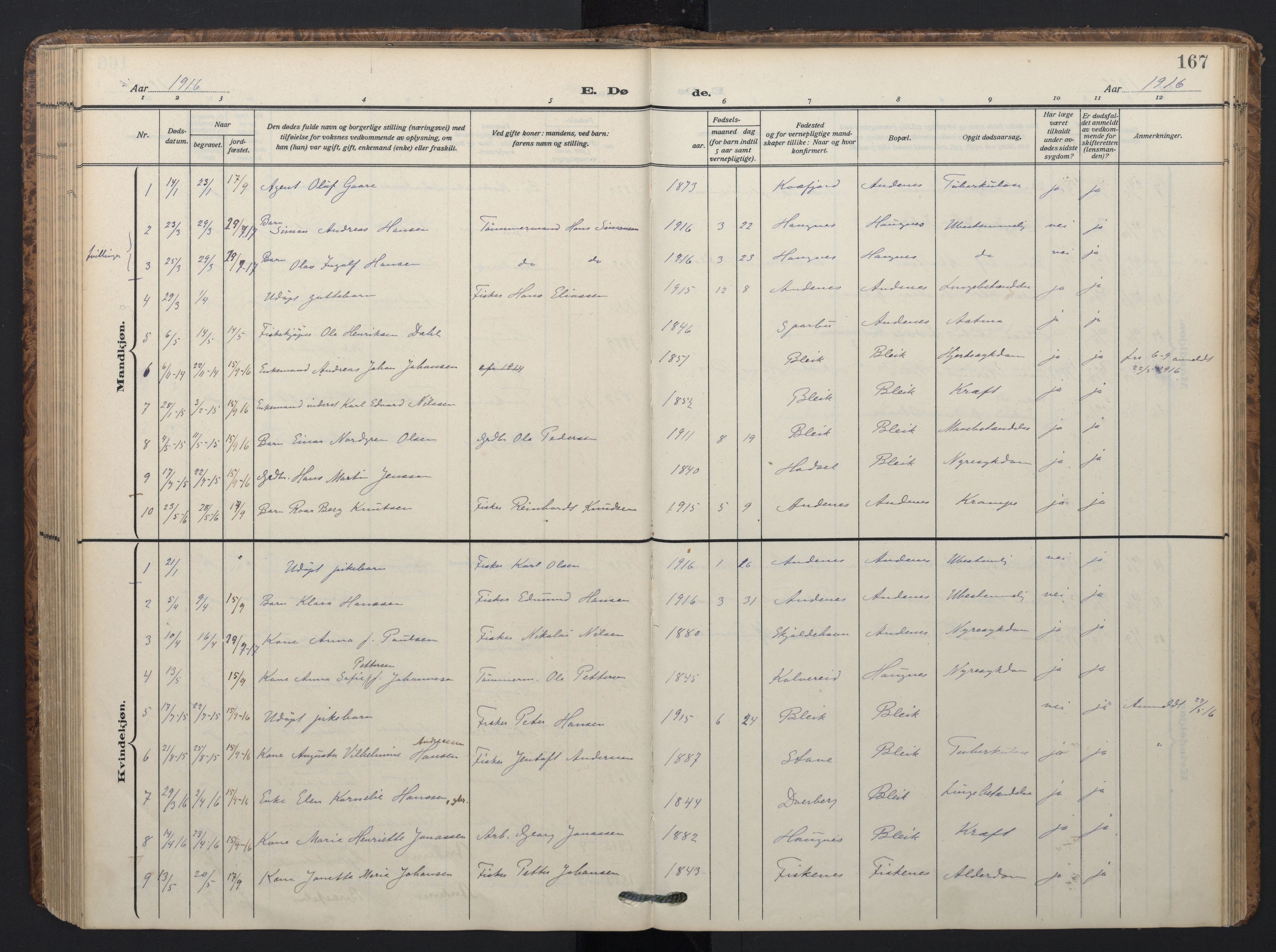 Ministerialprotokoller, klokkerbøker og fødselsregistre - Nordland, AV/SAT-A-1459/899/L1438: Parish register (official) no. 899A06, 1909-1922, p. 167