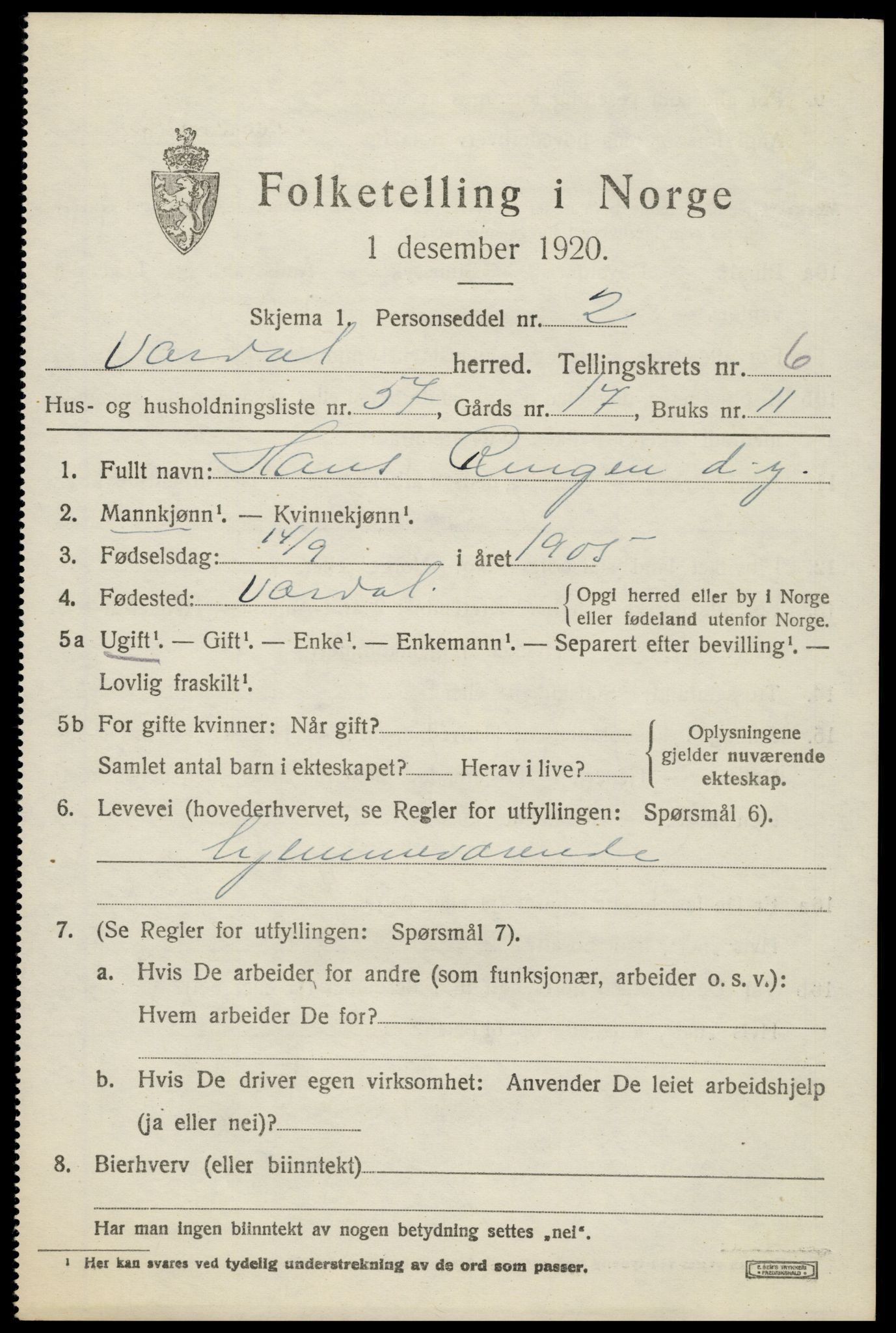 SAH, 1920 census for Vardal, 1920, p. 4529