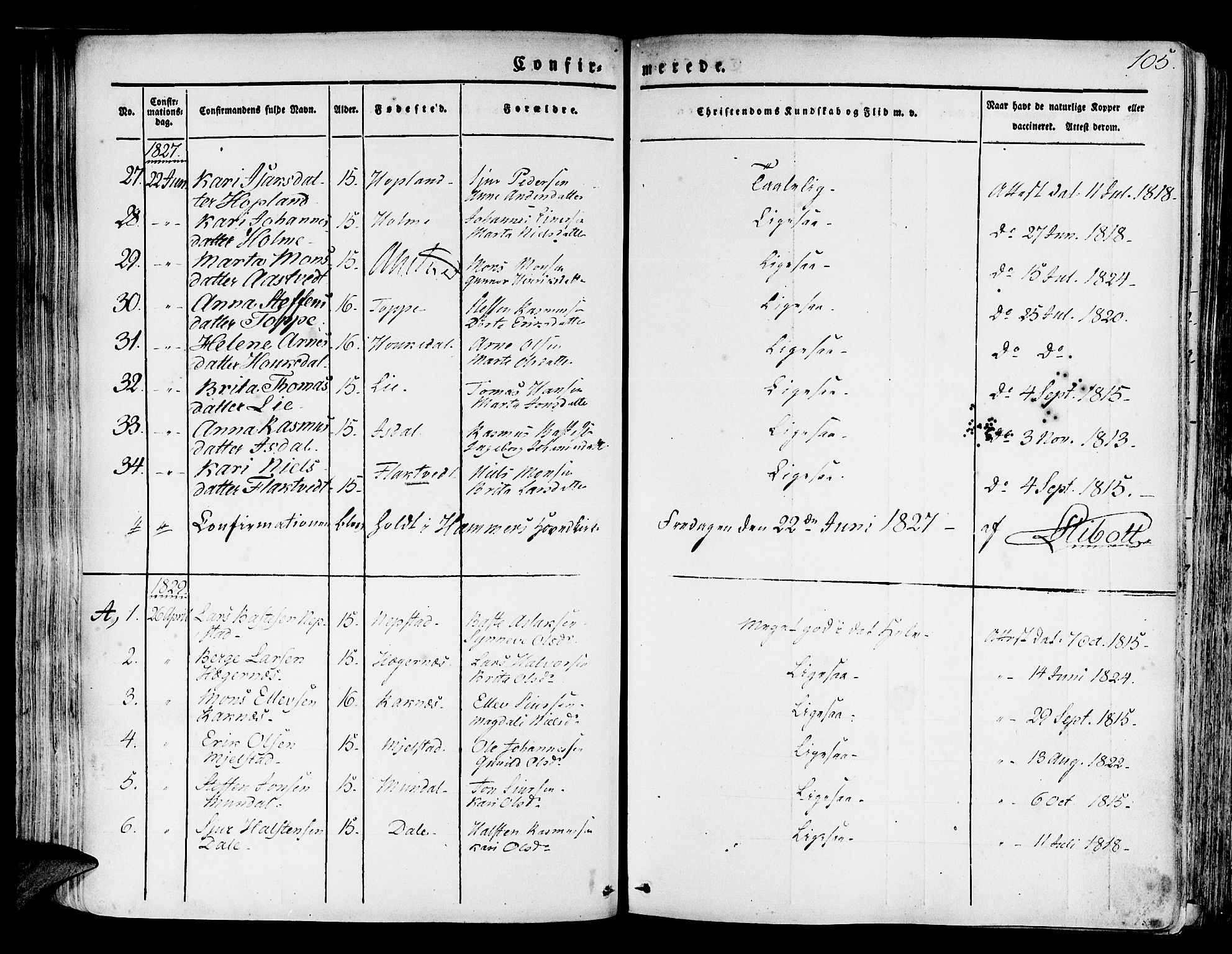 Hamre sokneprestembete, SAB/A-75501/H/Ha/Haa/Haaa/L0011: Parish register (official) no. A 11, 1826-1834, p. 105