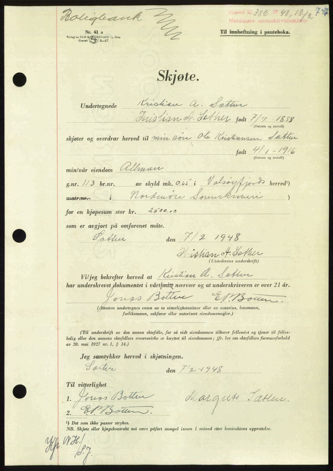 Nordmøre sorenskriveri, AV/SAT-A-4132/1/2/2Ca: Mortgage book no. A107, 1947-1948, Diary no: : 386/1948