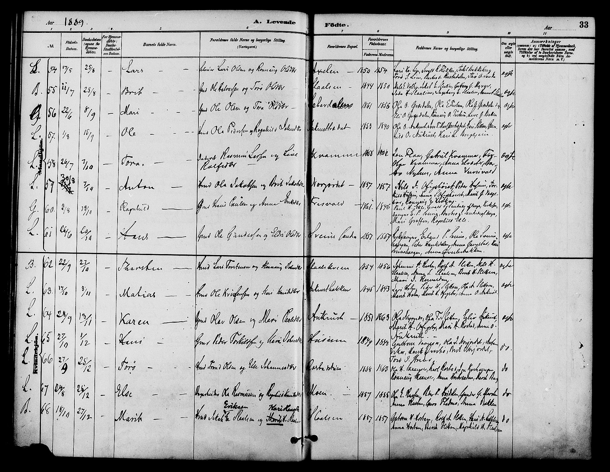 Lom prestekontor, AV/SAH-PREST-070/K/L0008: Parish register (official) no. 8, 1885-1898, p. 33