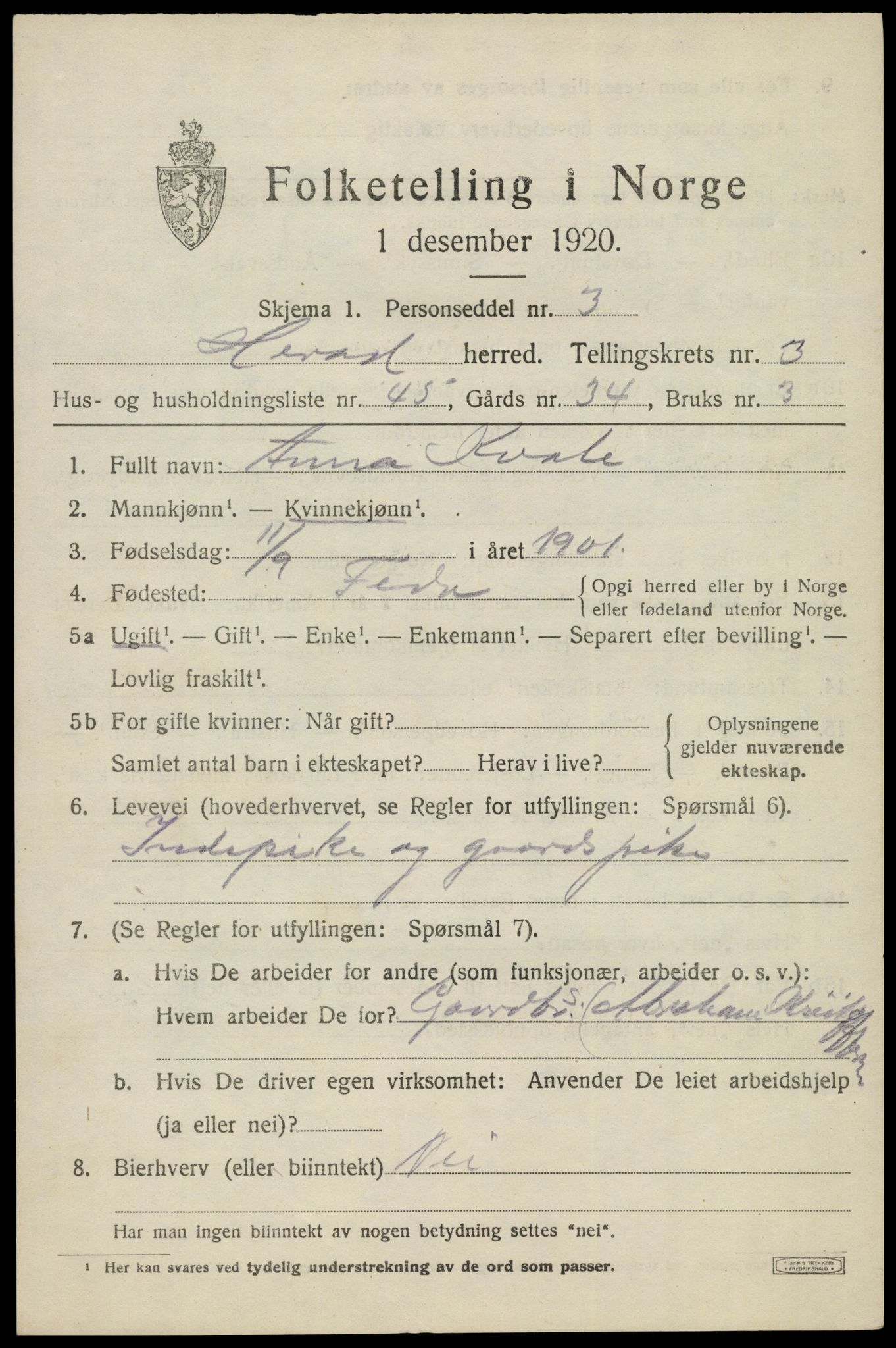 SAK, 1920 census for Herad, 1920, p. 1674