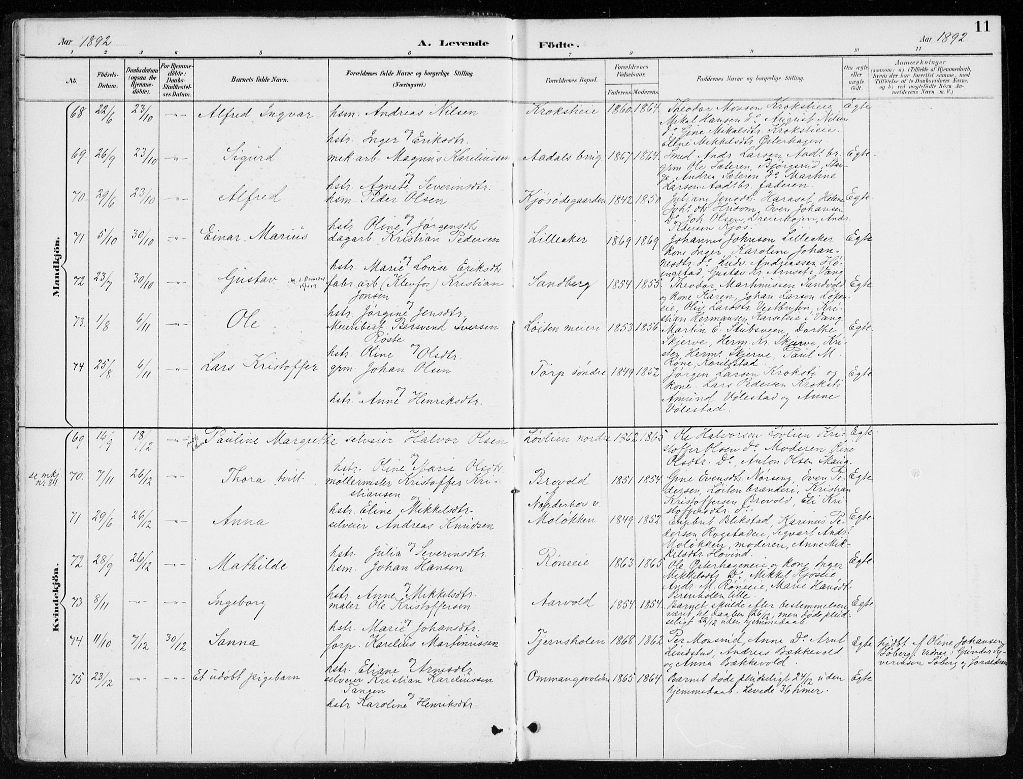 Løten prestekontor, AV/SAH-PREST-022/K/Ka/L0010: Parish register (official) no. 10, 1892-1907, p. 11