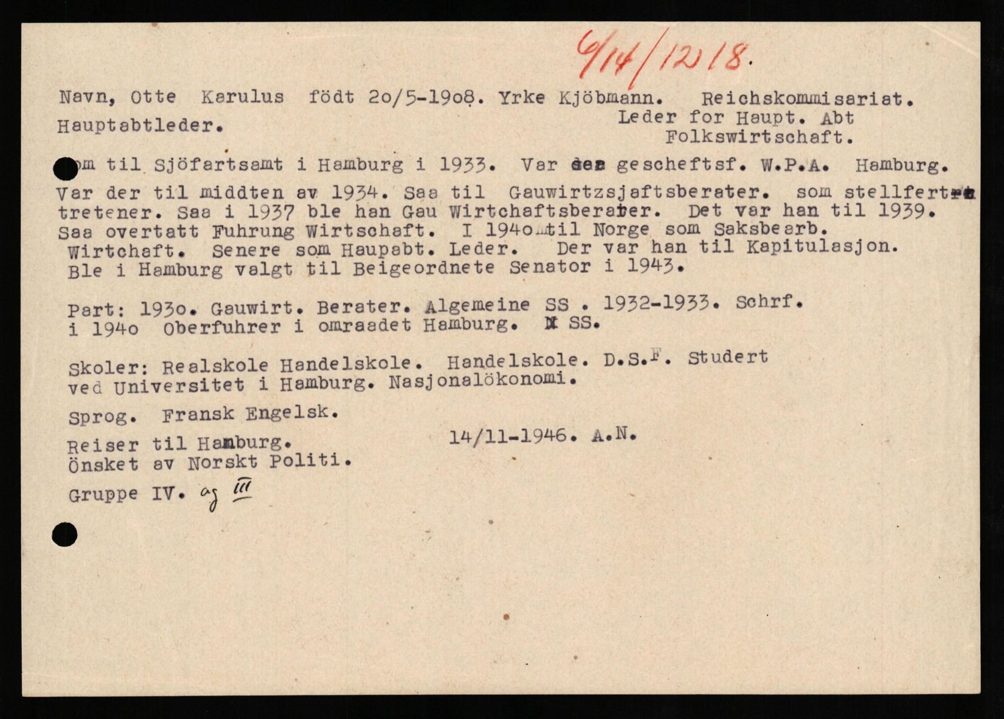 Forsvaret, Forsvarets overkommando II, AV/RA-RAFA-3915/D/Db/L0025: CI Questionaires. Tyske okkupasjonsstyrker i Norge. Tyskere., 1945-1946, p. 66