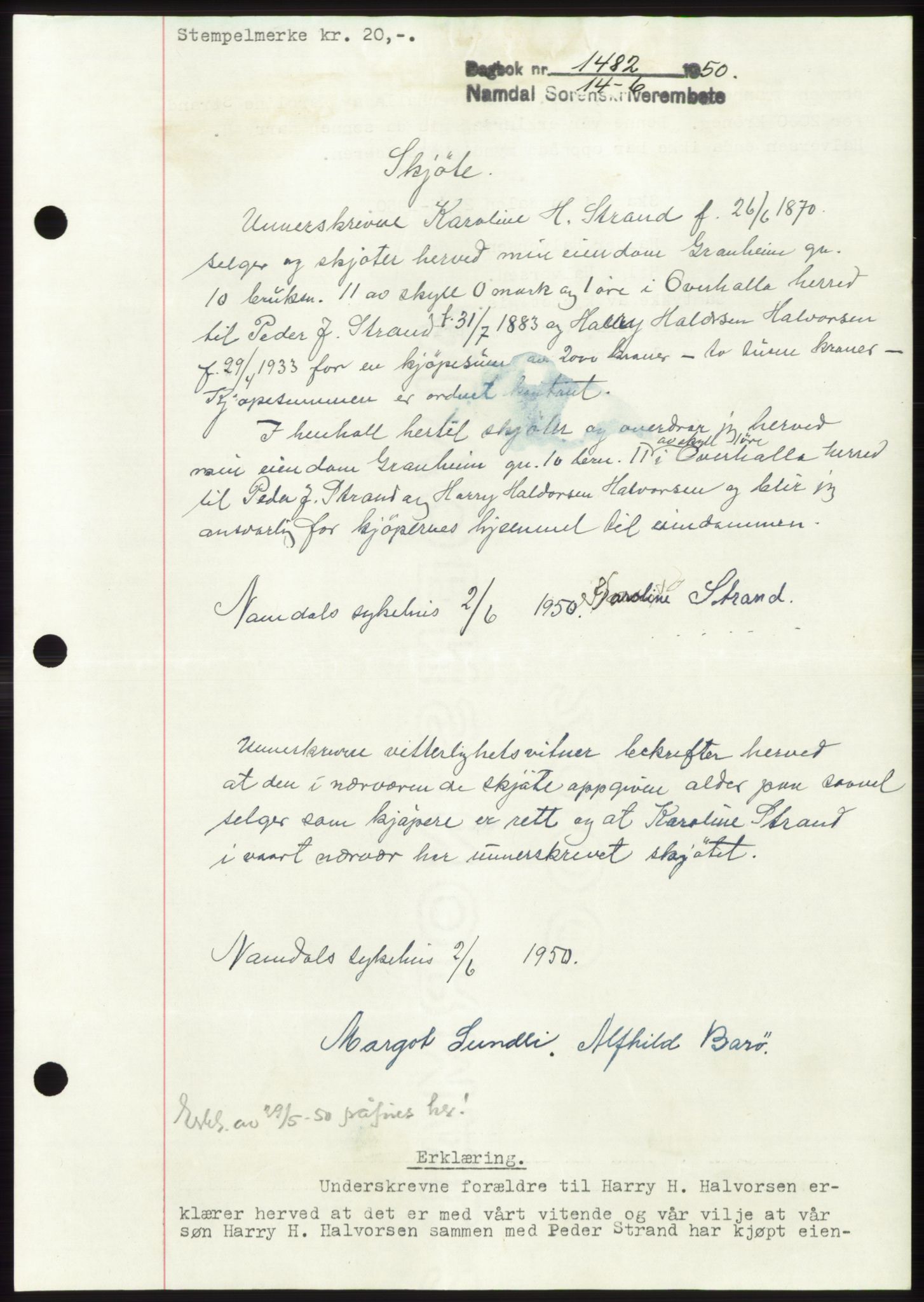 Namdal sorenskriveri, AV/SAT-A-4133/1/2/2C: Mortgage book no. -, 1950-1950, Diary no: : 1482/1950