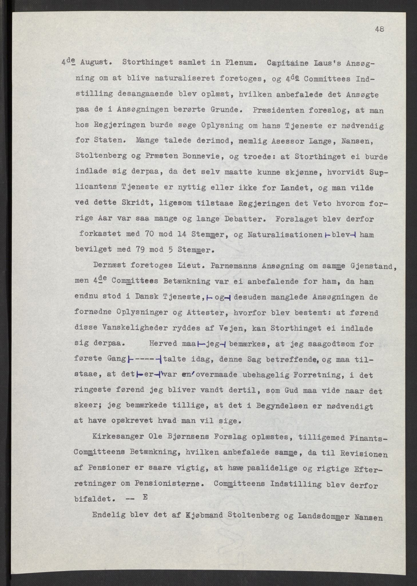 Manuskriptsamlingen, AV/RA-EA-3667/F/L0197: Wetlesen, Hans Jørgen (stortingsmann, ingeniørkaptein); Referat fra Stortinget 1815-1816, 1815-1816, p. 48