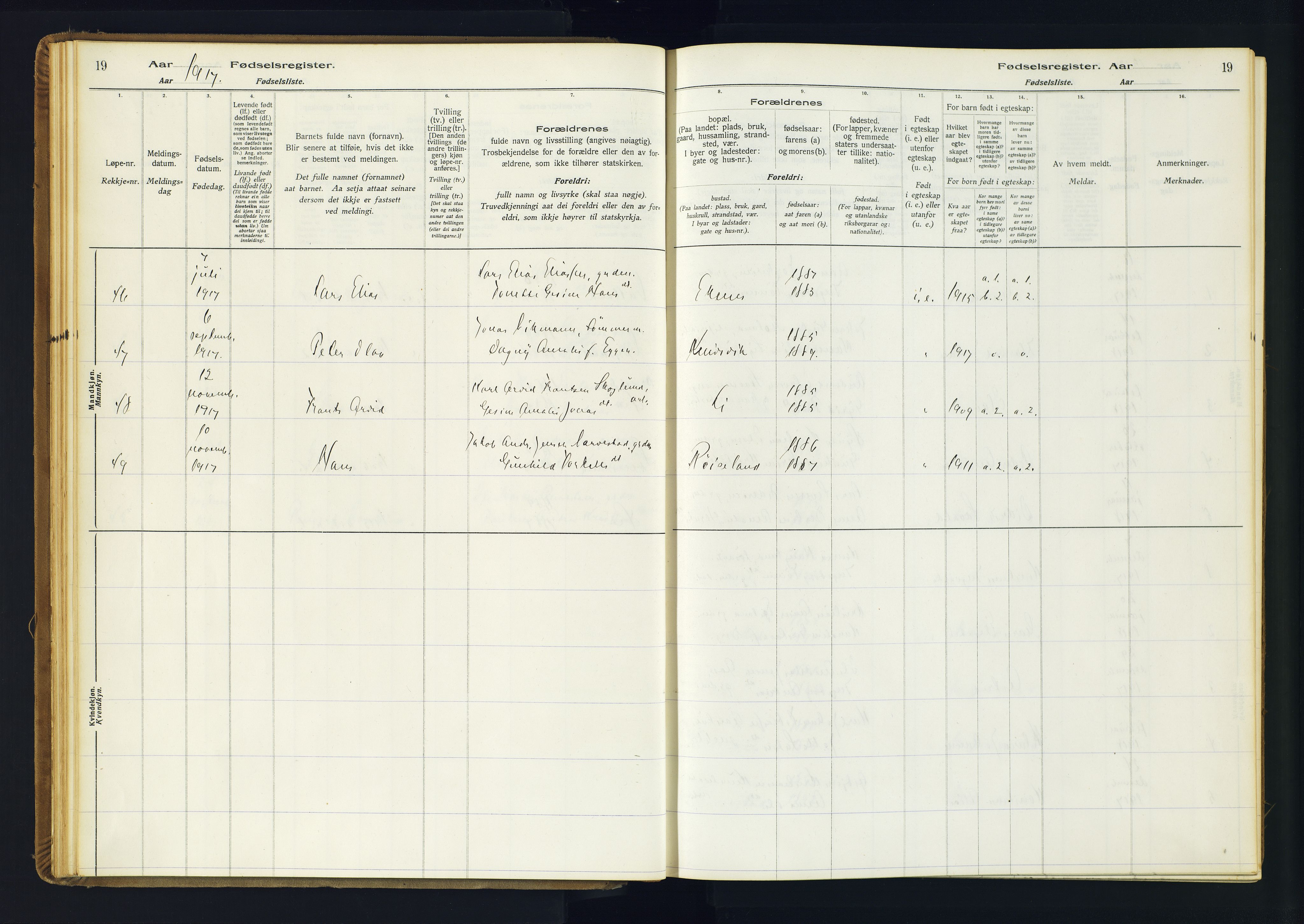 Kvinesdal sokneprestkontor, AV/SAK-1111-0026/J/Ja/L0001: Birth register no. 1, 1916-1941, p. 19