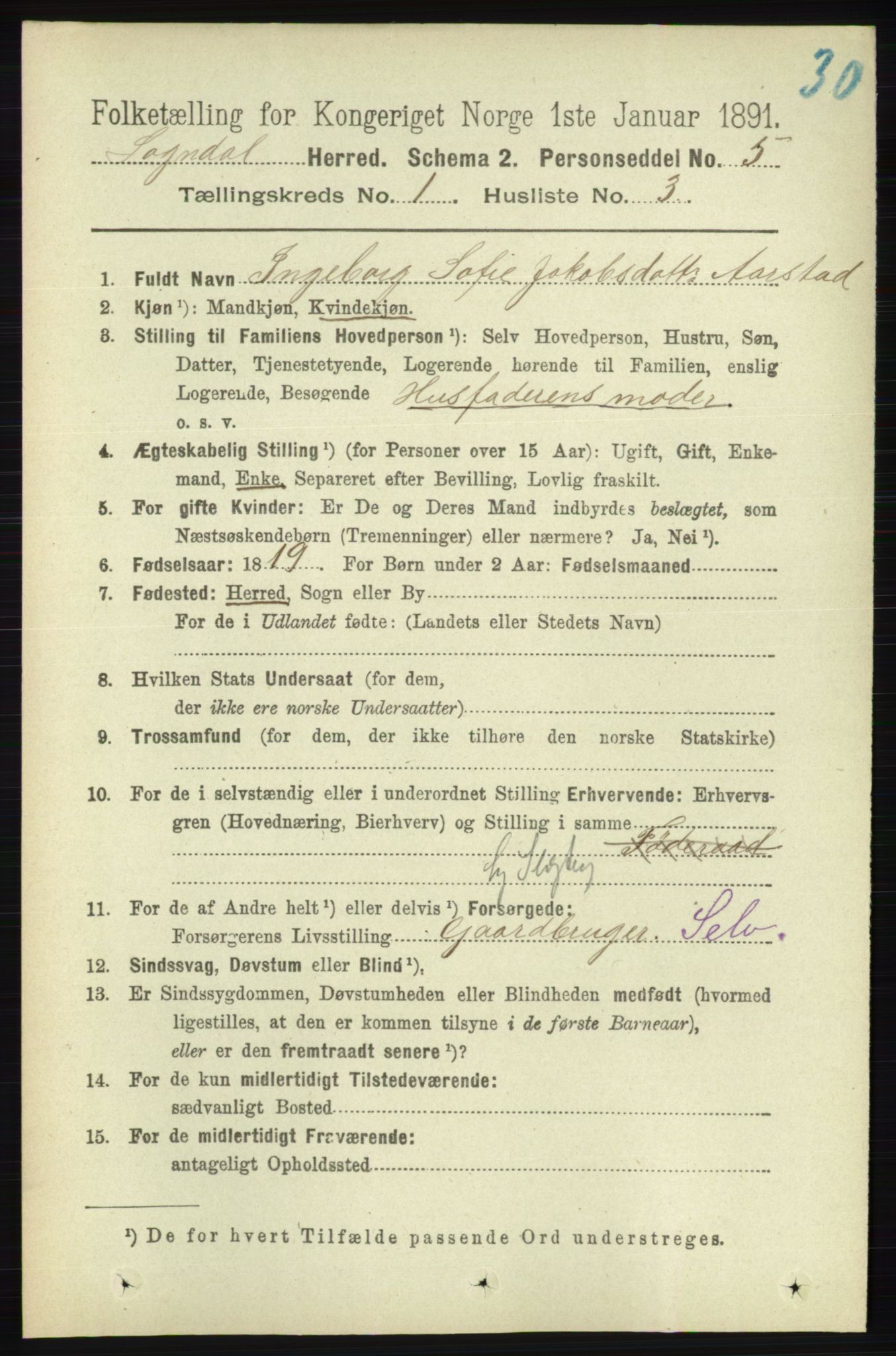 RA, 1891 census for 1111 Sokndal, 1891, p. 104