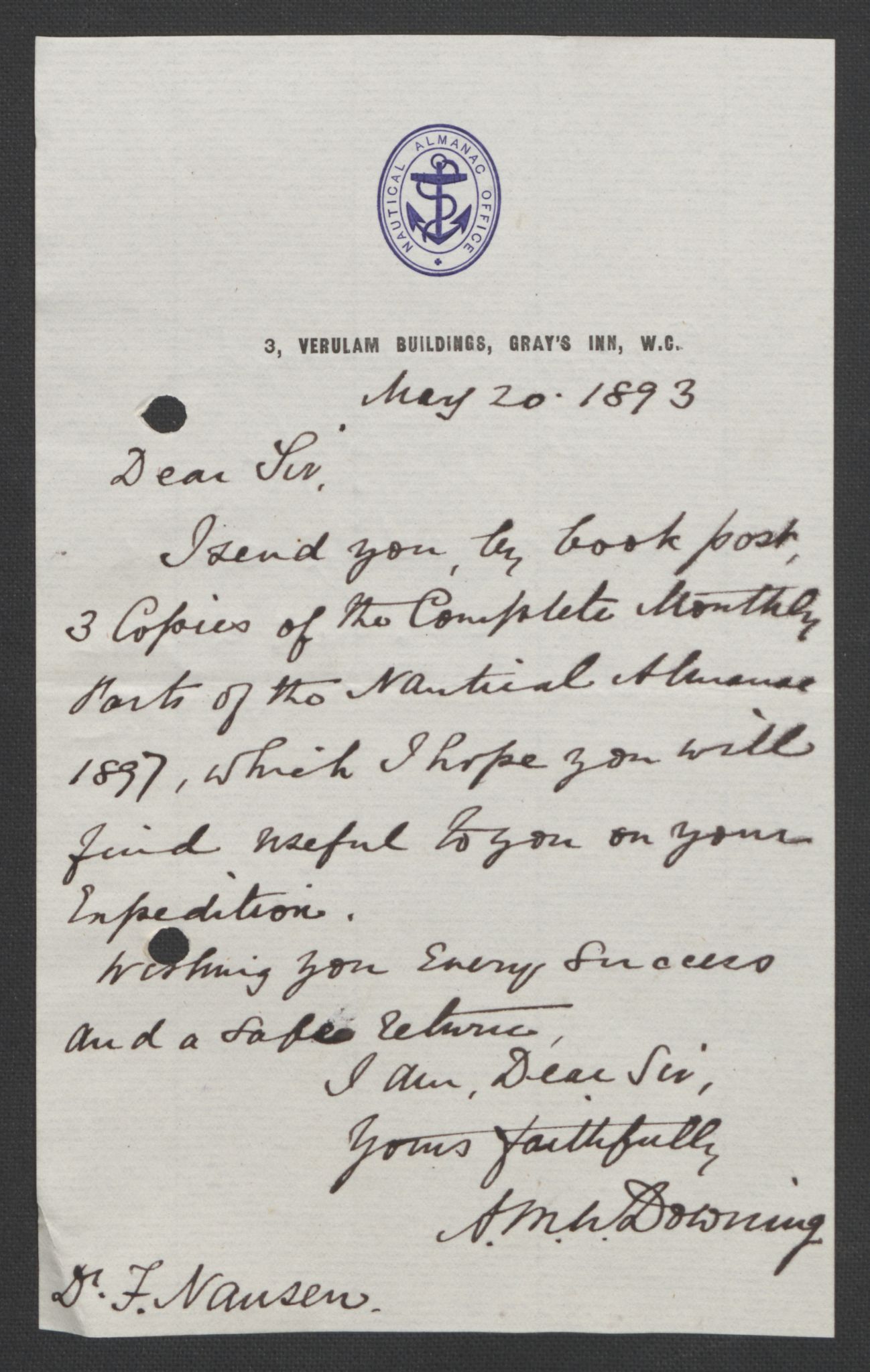 Arbeidskomitéen for Fridtjof Nansens polarekspedisjon, RA/PA-0061/D/L0003/0002: Innk. brev og telegrammer vedr. proviant og utrustning / Utrustningen m.m. - korrespondanse, 1893, p. 157