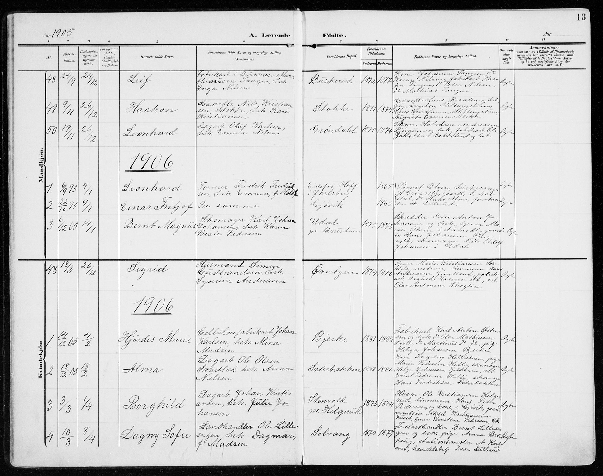 Vardal prestekontor, SAH/PREST-100/H/Ha/Haa/L0016: Parish register (official) no. 16, 1904-1916, p. 13