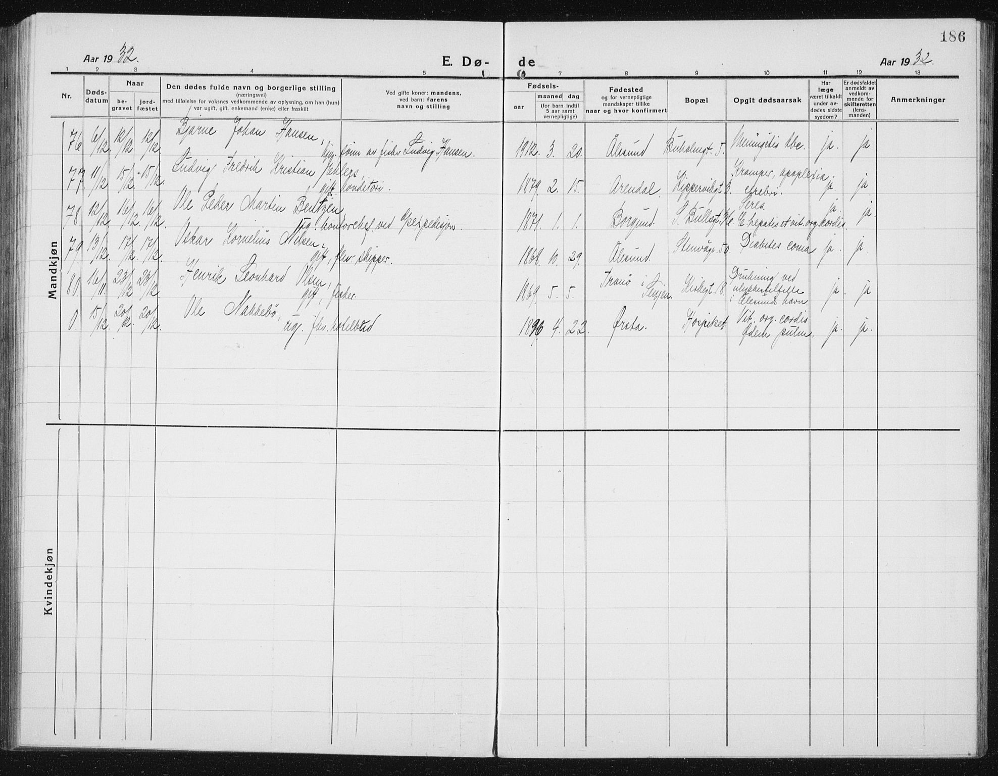 Ministerialprotokoller, klokkerbøker og fødselsregistre - Møre og Romsdal, AV/SAT-A-1454/529/L0474: Parish register (copy) no. 529C11, 1918-1938, p. 186