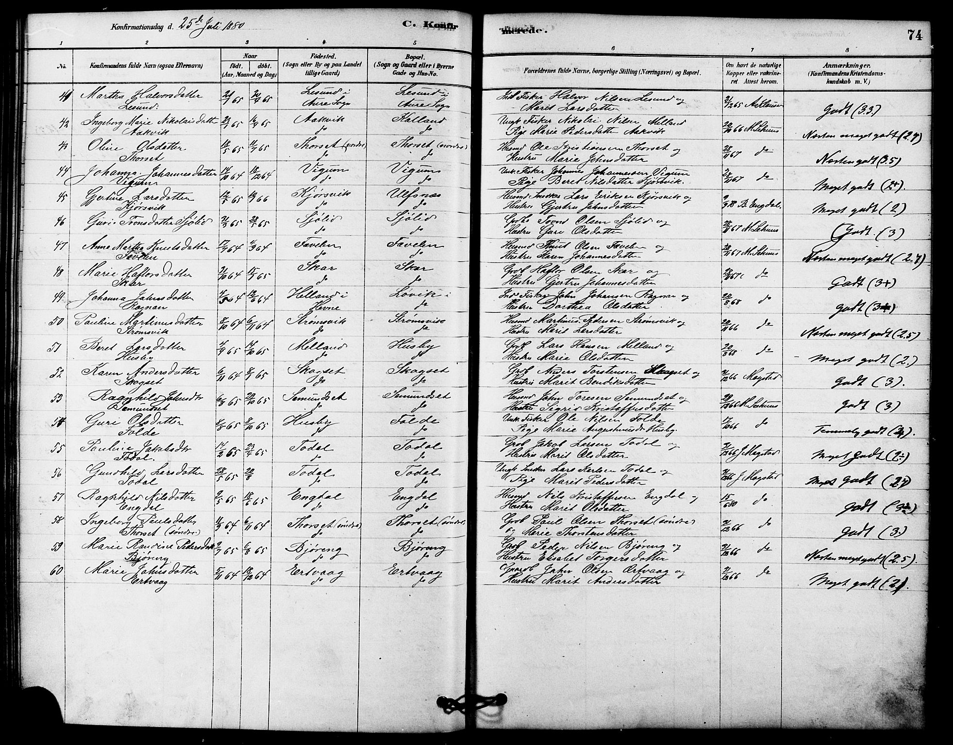 Ministerialprotokoller, klokkerbøker og fødselsregistre - Møre og Romsdal, AV/SAT-A-1454/578/L0906: Parish register (official) no. 578A05, 1878-1886, p. 74