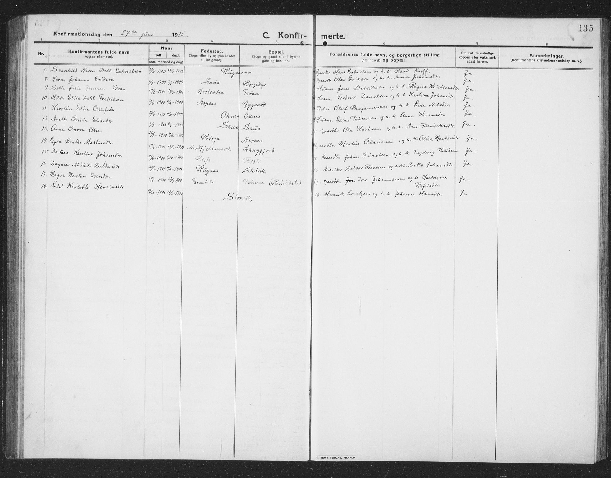 Ministerialprotokoller, klokkerbøker og fødselsregistre - Nordland, AV/SAT-A-1459/814/L0231: Parish register (copy) no. 814C04, 1912-1926, p. 135