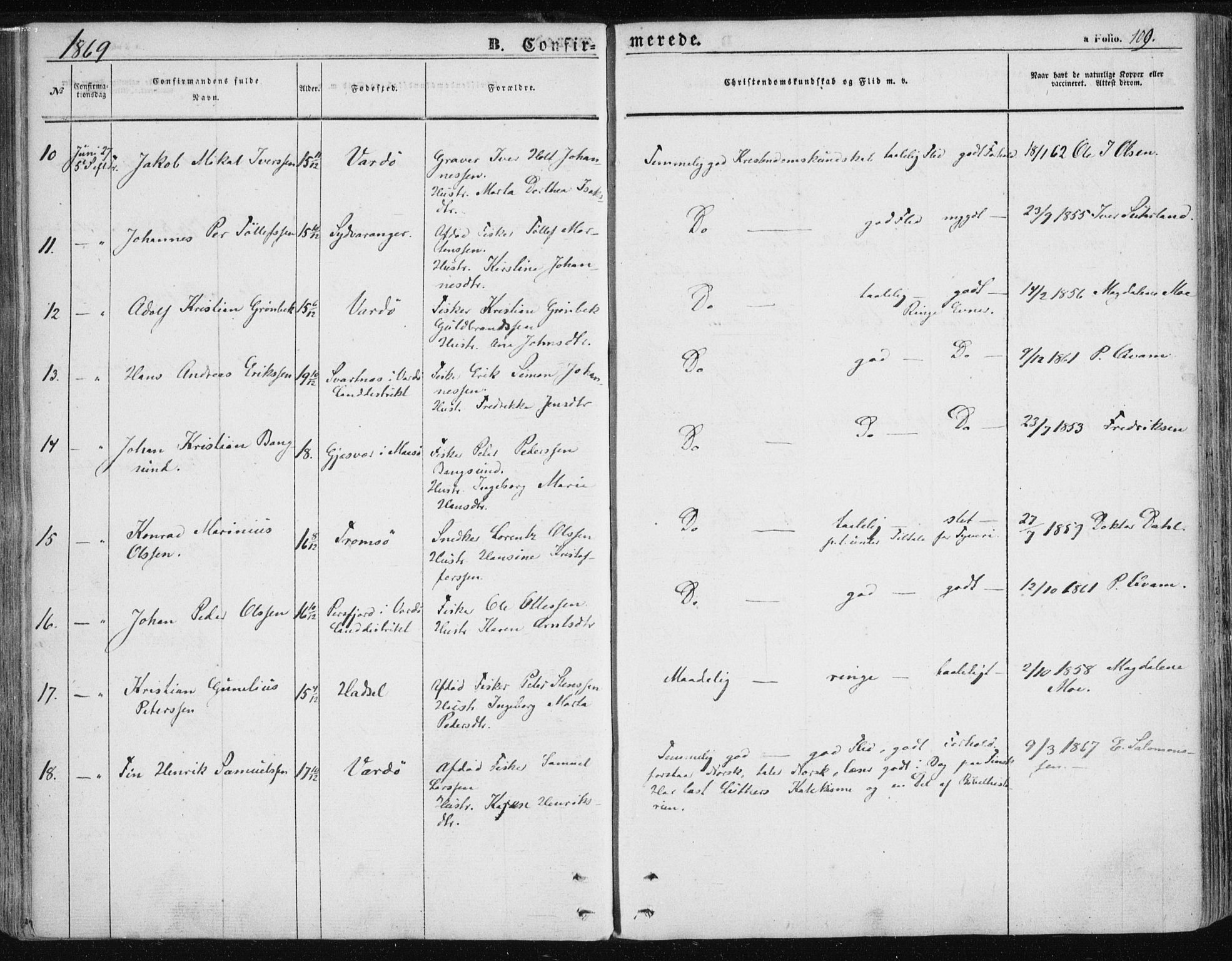 Vardø sokneprestkontor, SATØ/S-1332/H/Ha/L0004kirke: Parish register (official) no. 4, 1862-1871, p. 109